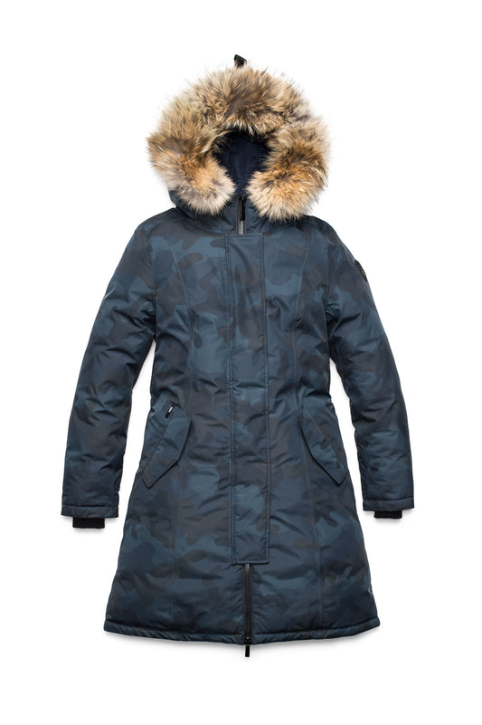 Ladies thigh length down-filled parka with non-removable hood and removable coyote fur trim in Navy Camo + Navy Camo