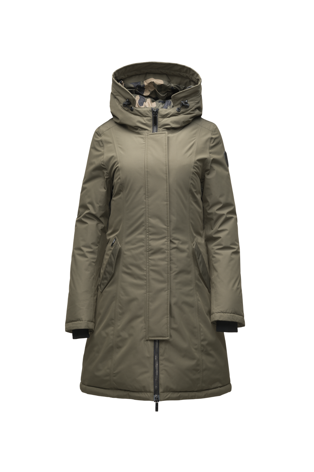 Ladies thigh length down-filled parka with non-removable hood in Fatigue