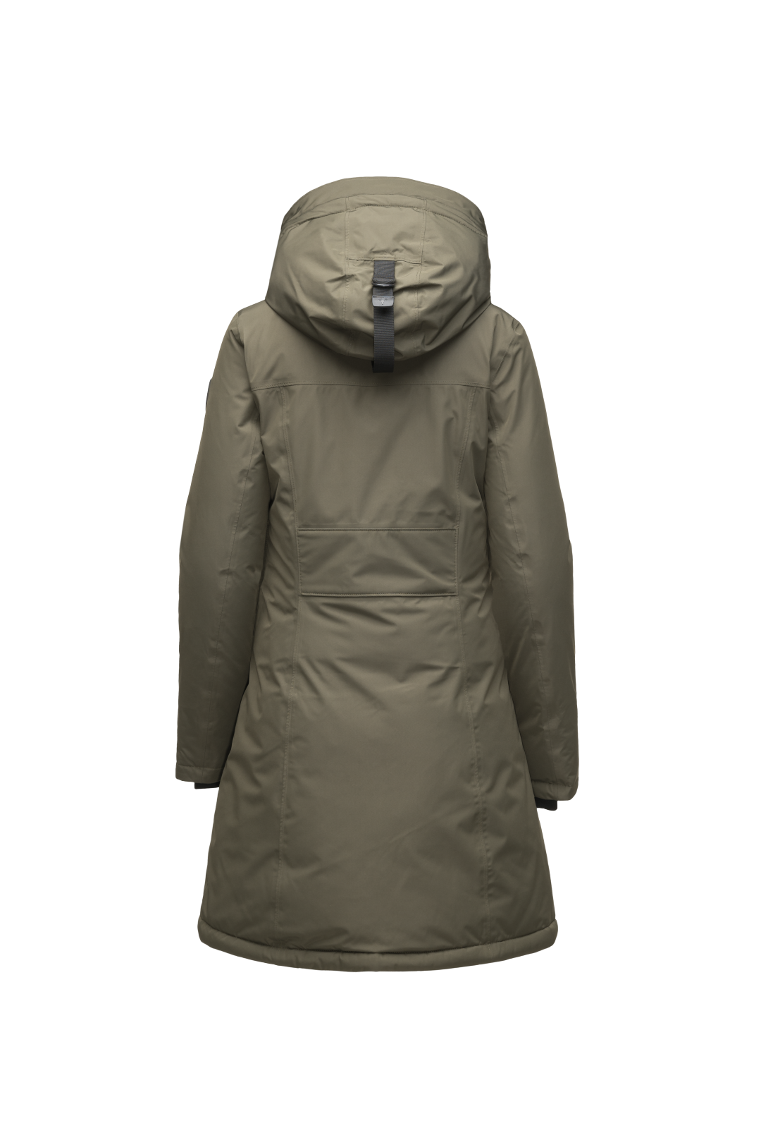 Ladies thigh length down-filled parka with non-removable hood in Fatigue