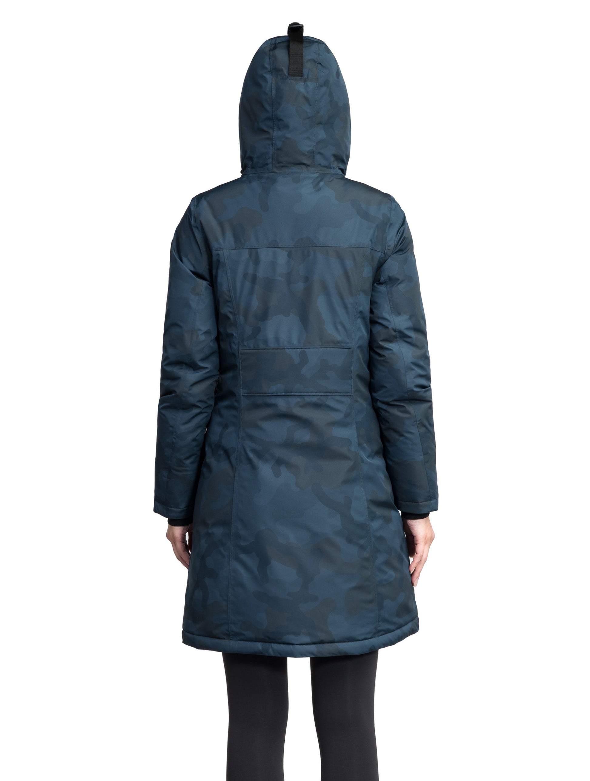 Ladies thigh length down-filled parka with non-removable hood in Navy Camo