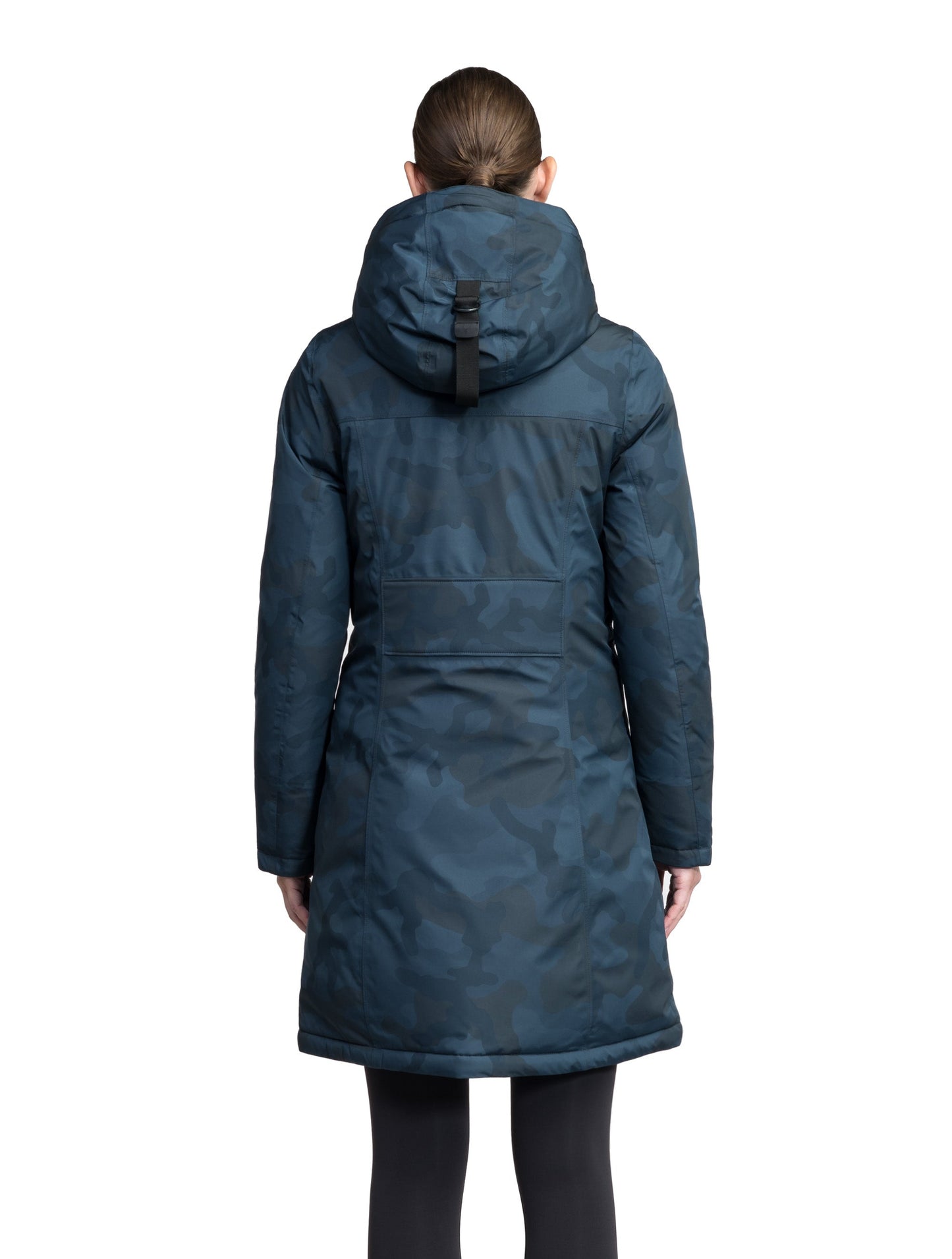 Ladies thigh length down-filled parka with non-removable hood in Navy Camo