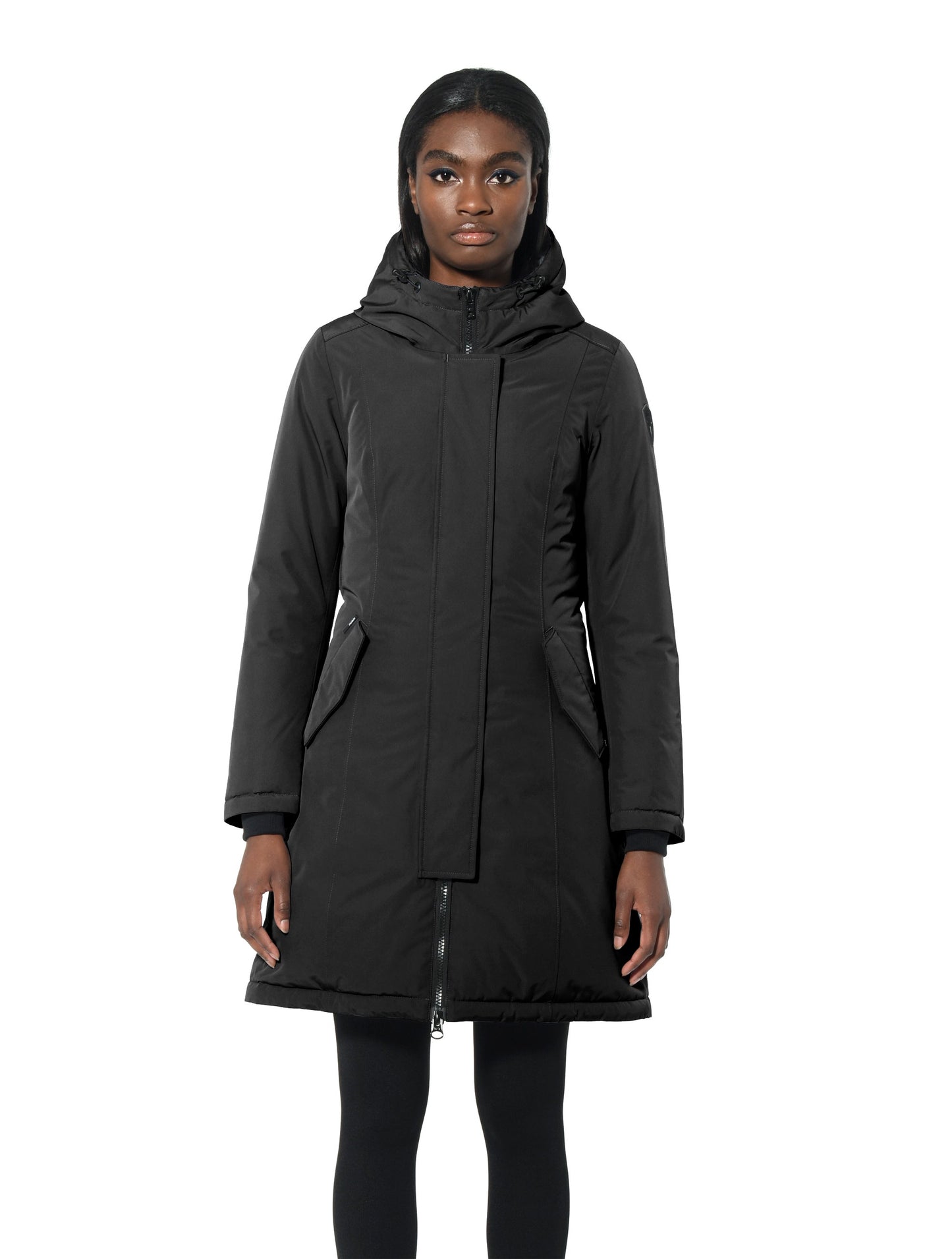 Ladies thigh length down-filled parka with non-removable hood and removable coyote fur trim in Black