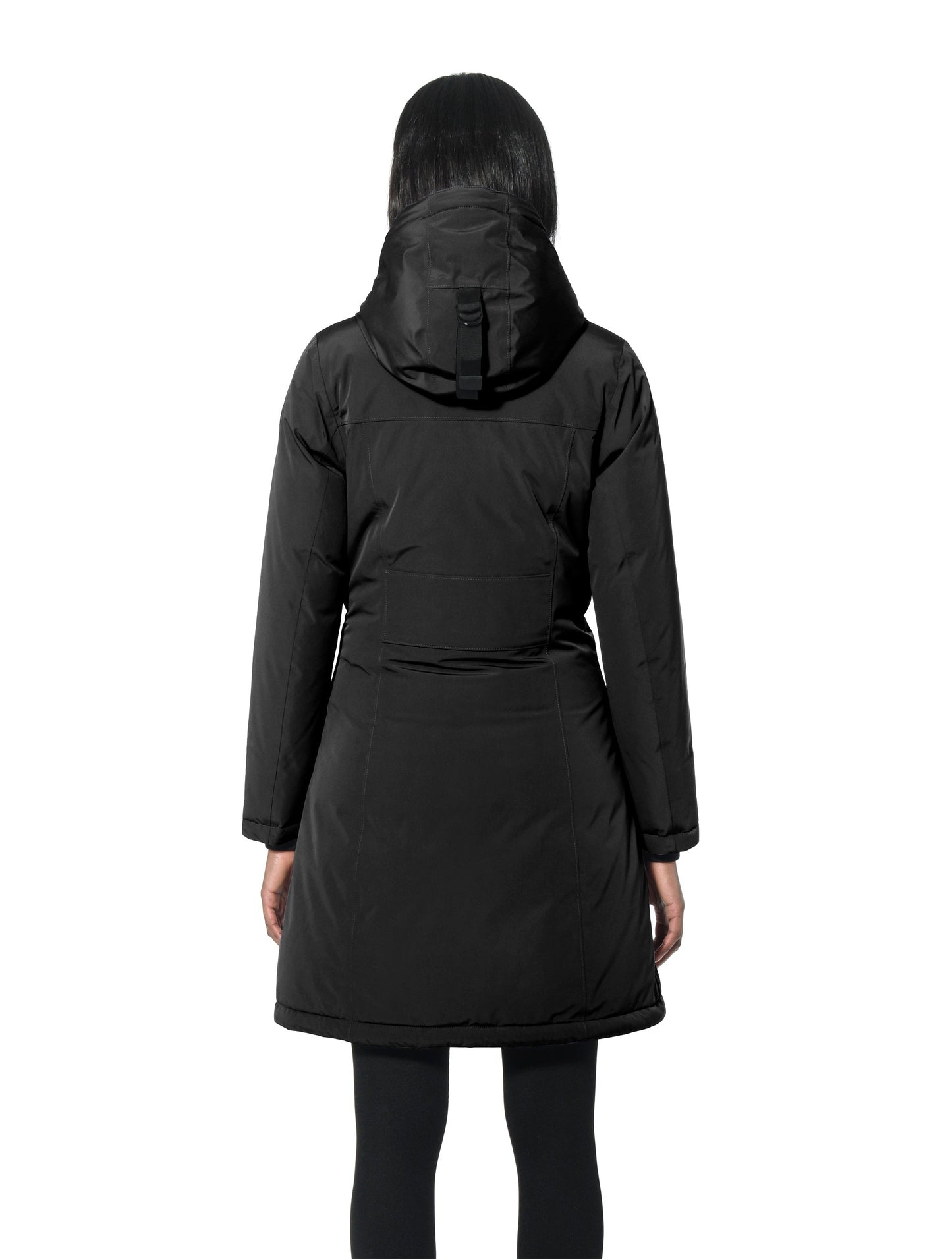 Ladies thigh length down-filled parka with non-removable hood and removable coyote fur trim in Black