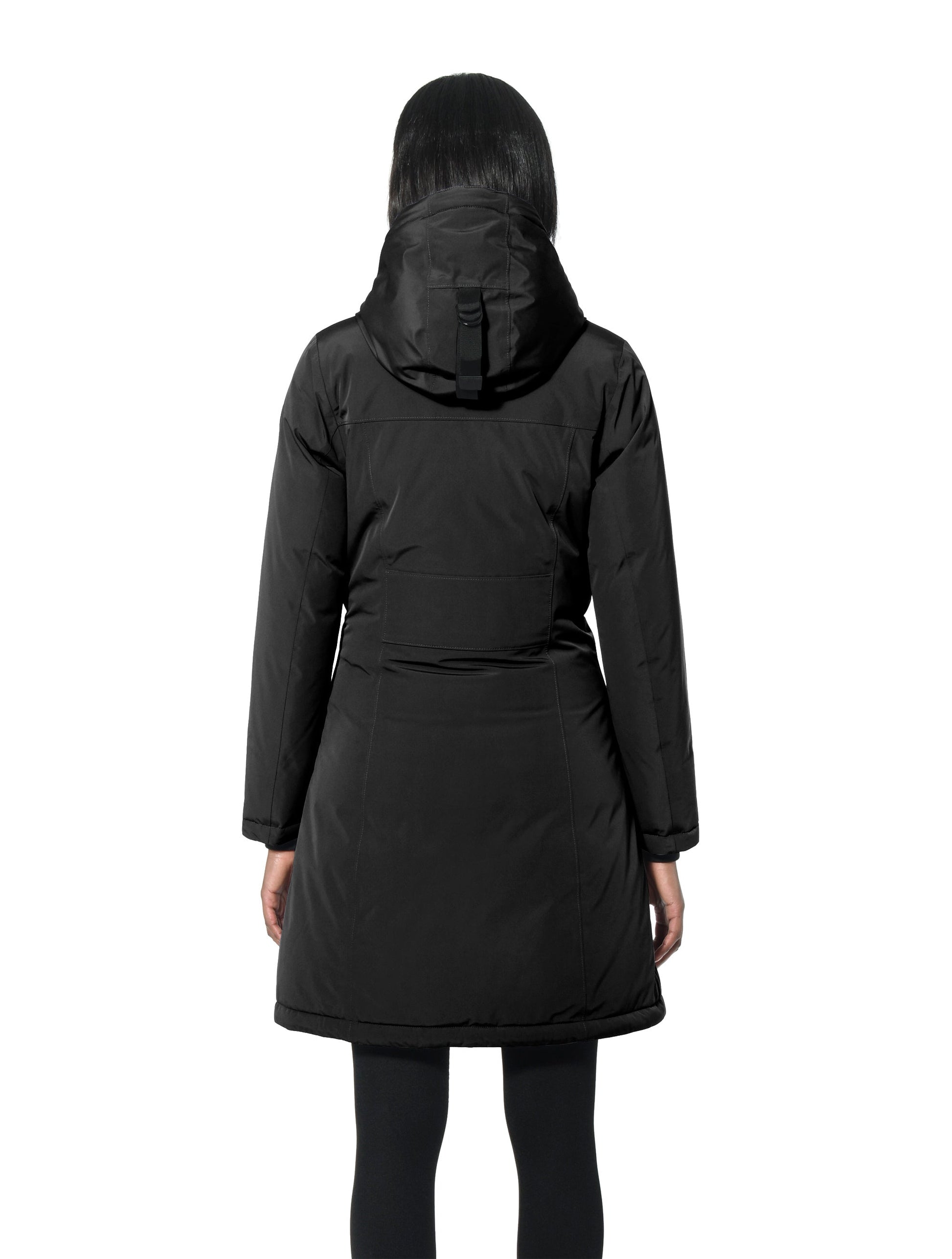 Ladies thigh length down-filled parka with non-removable hood in Black