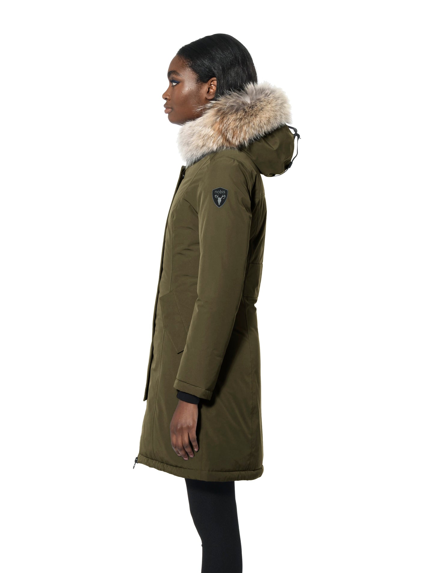 Ladies thigh length down-filled parka with non-removable hood and removable coyote fur trim in Fatigue