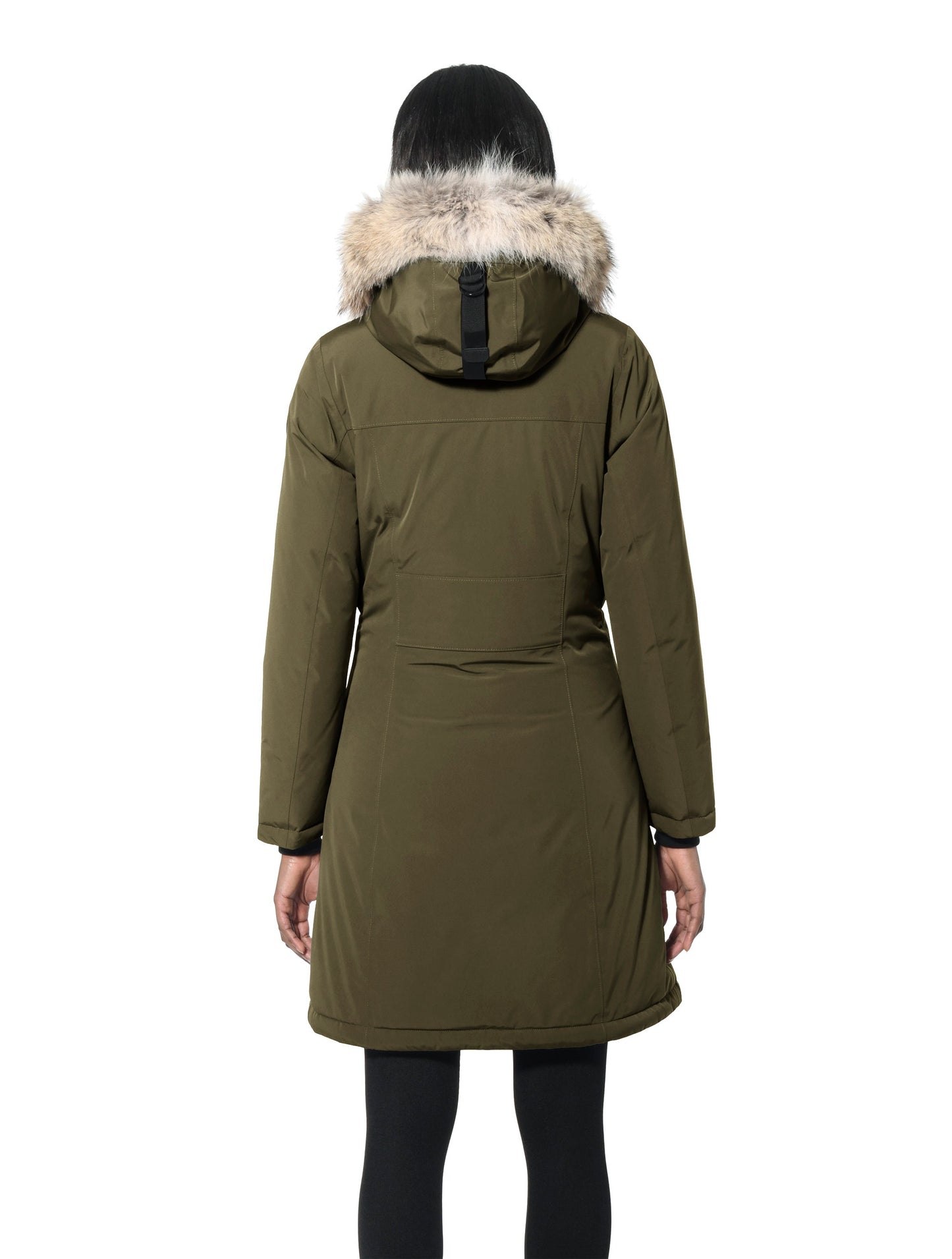 Ladies thigh length down-filled parka with non-removable hood and removable coyote fur trim in Fatigue