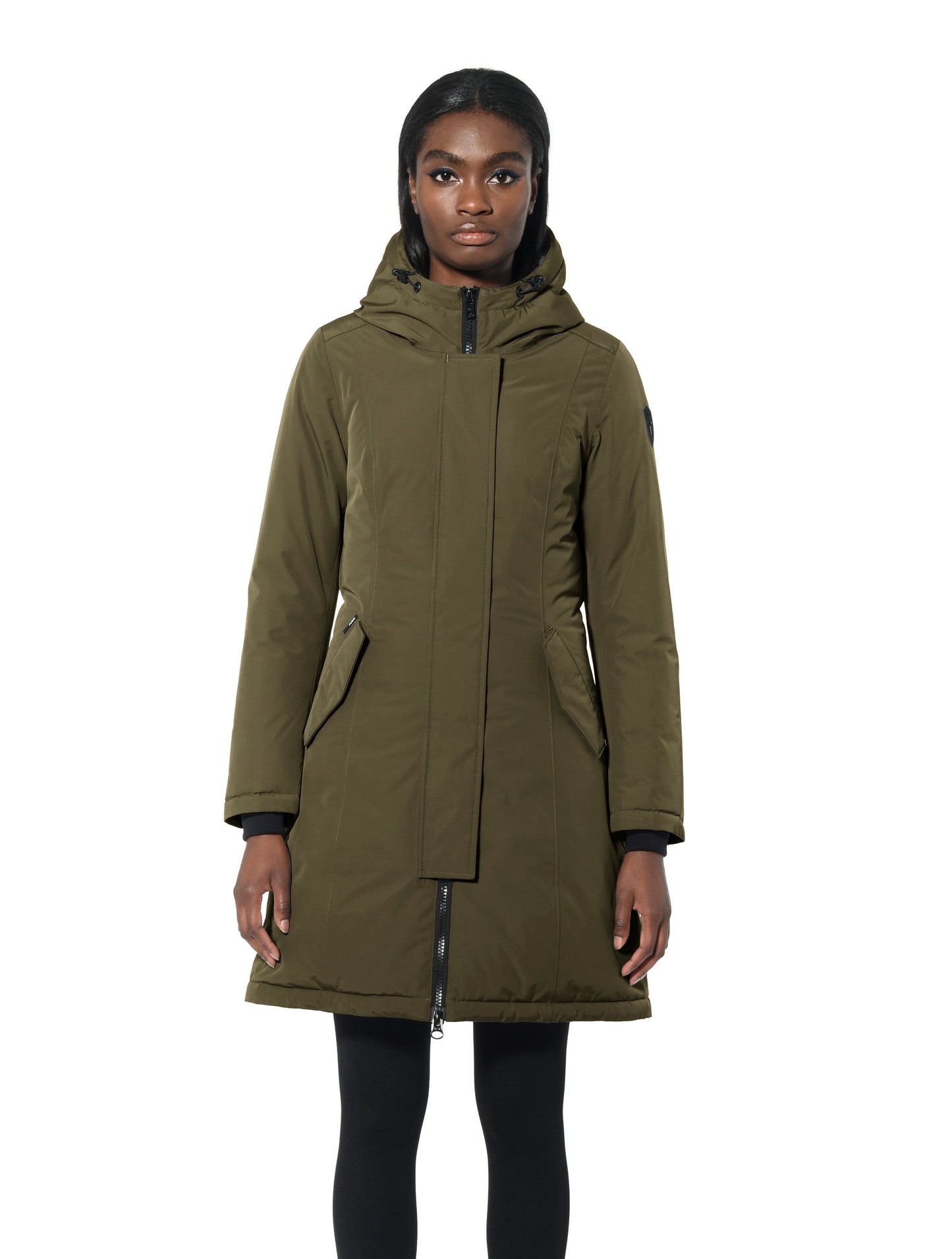 Ladies thigh length down-filled parka with non-removable hood and removable coyote fur trim in Fatigue