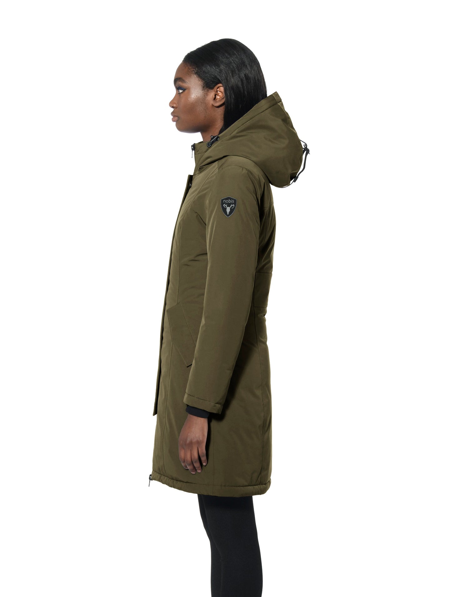 Ladies thigh length down-filled parka with non-removable hood in Fatigue