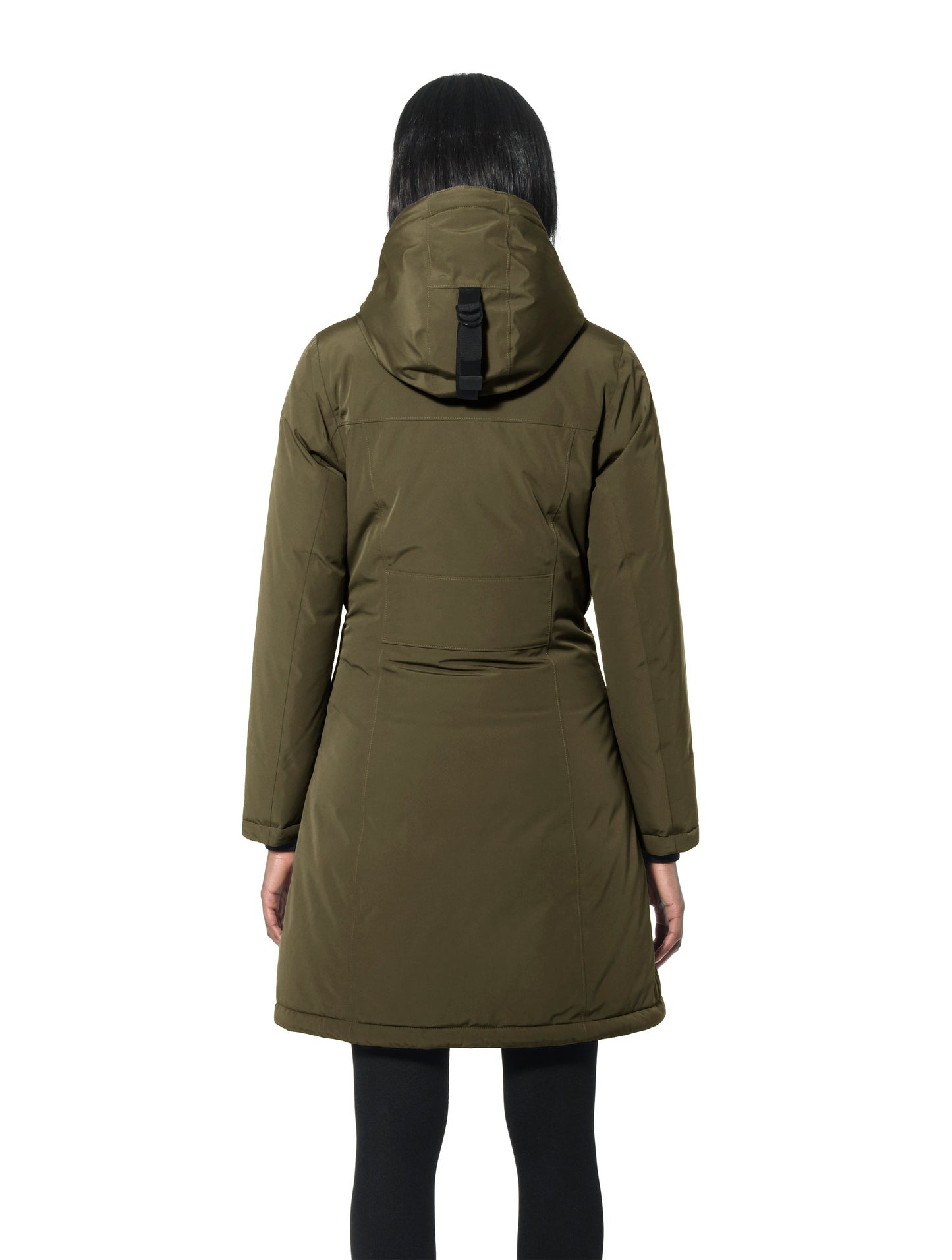 Ladies thigh length down-filled parka with non-removable hood and removable coyote fur trim in Fatigue