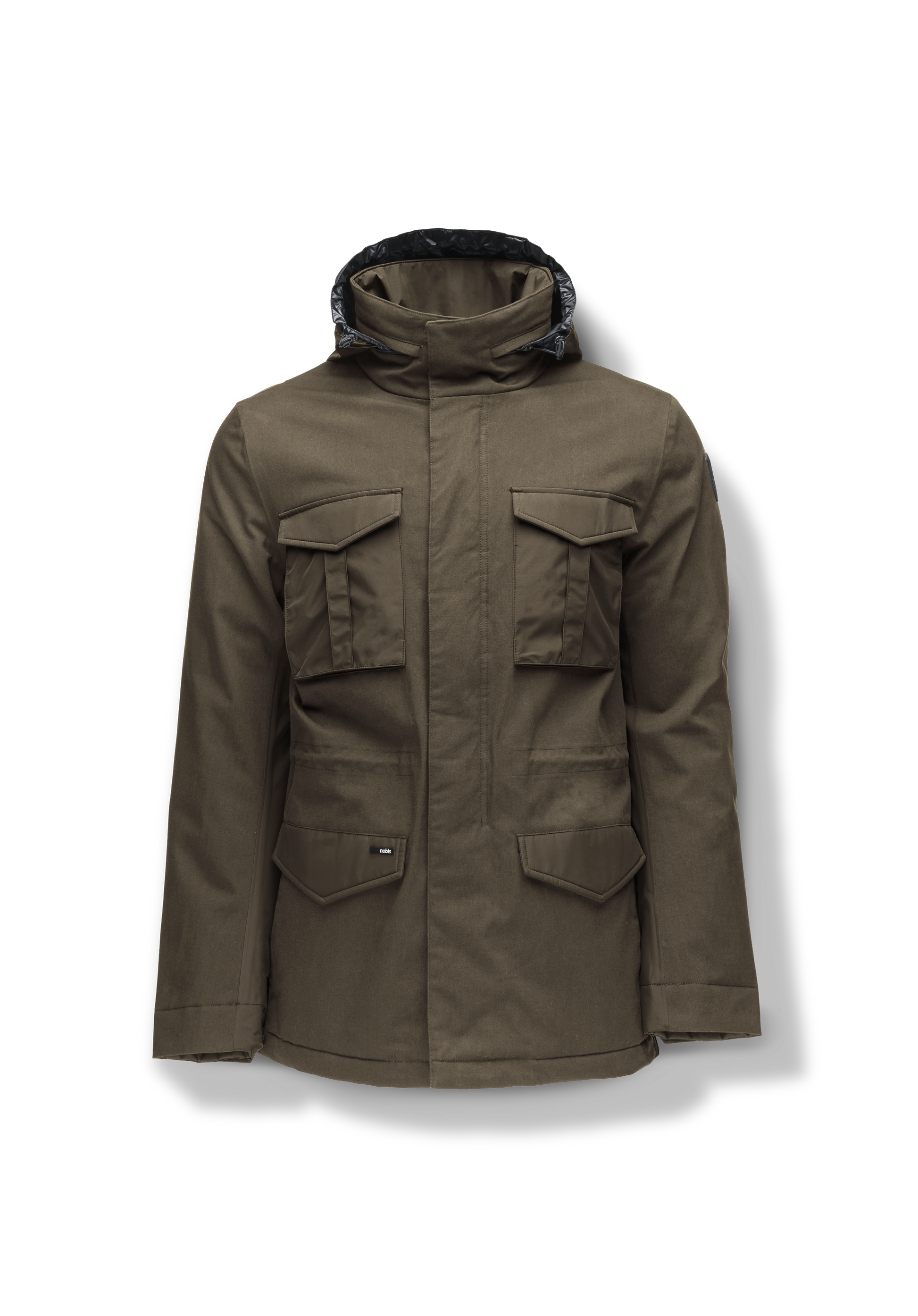 Pelican Men's Tailored Field Jacket in hip length, premium cotton blend and 3-ply micro denier fabrication, Premium Canadian origin White Duck Down insulation, tuck away, waterproof hood in premium cire technical nylon taffeta, two-way centre-front zipper with magnetic wind flap, pit zipper vents, magnetic closure chest and waist flap pockets, hidden adjustable waist drawcord, and action back detailing, in Fatigue