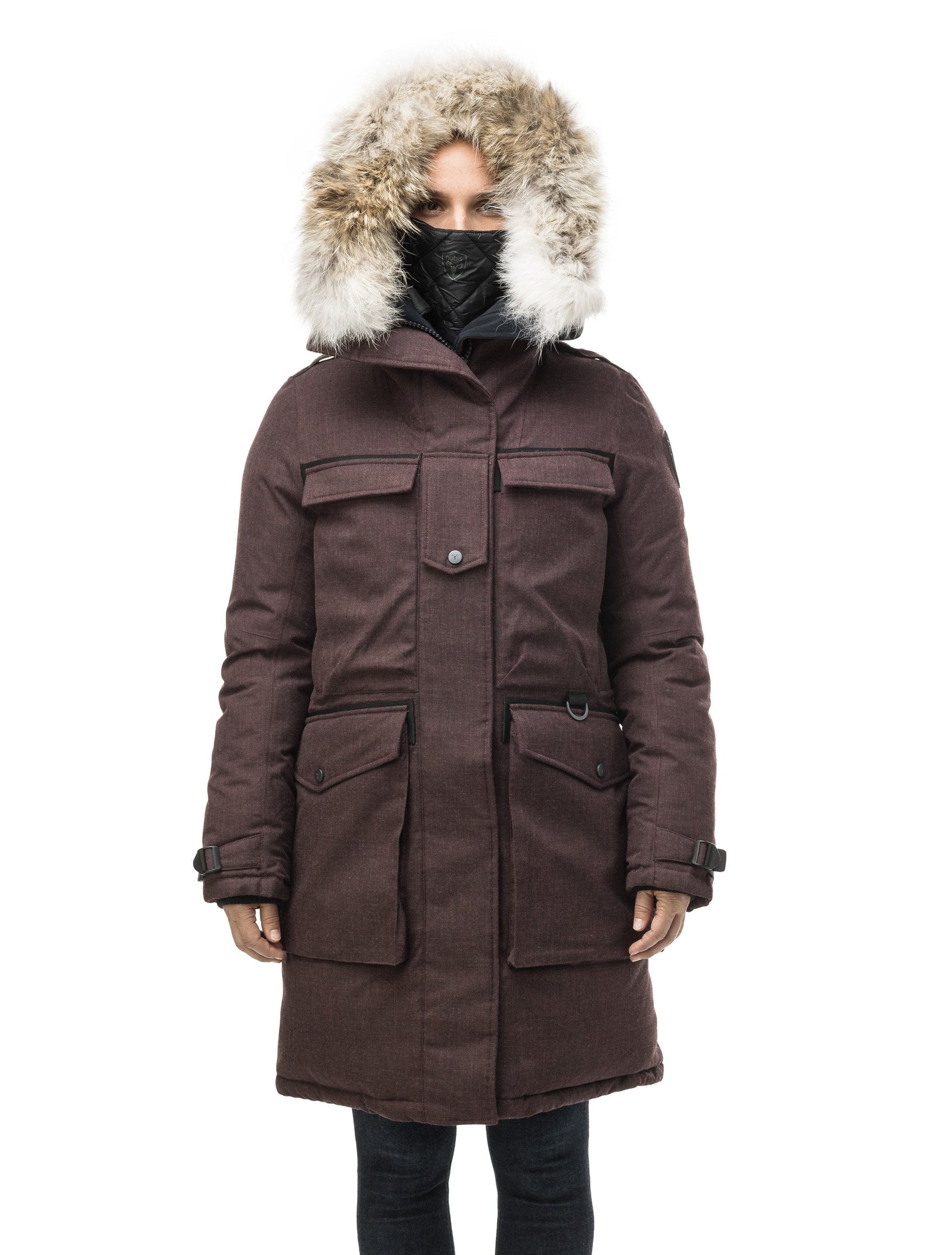 Women's extreme parka with our highest down filling and a removable down filled hood in H. Burgundy