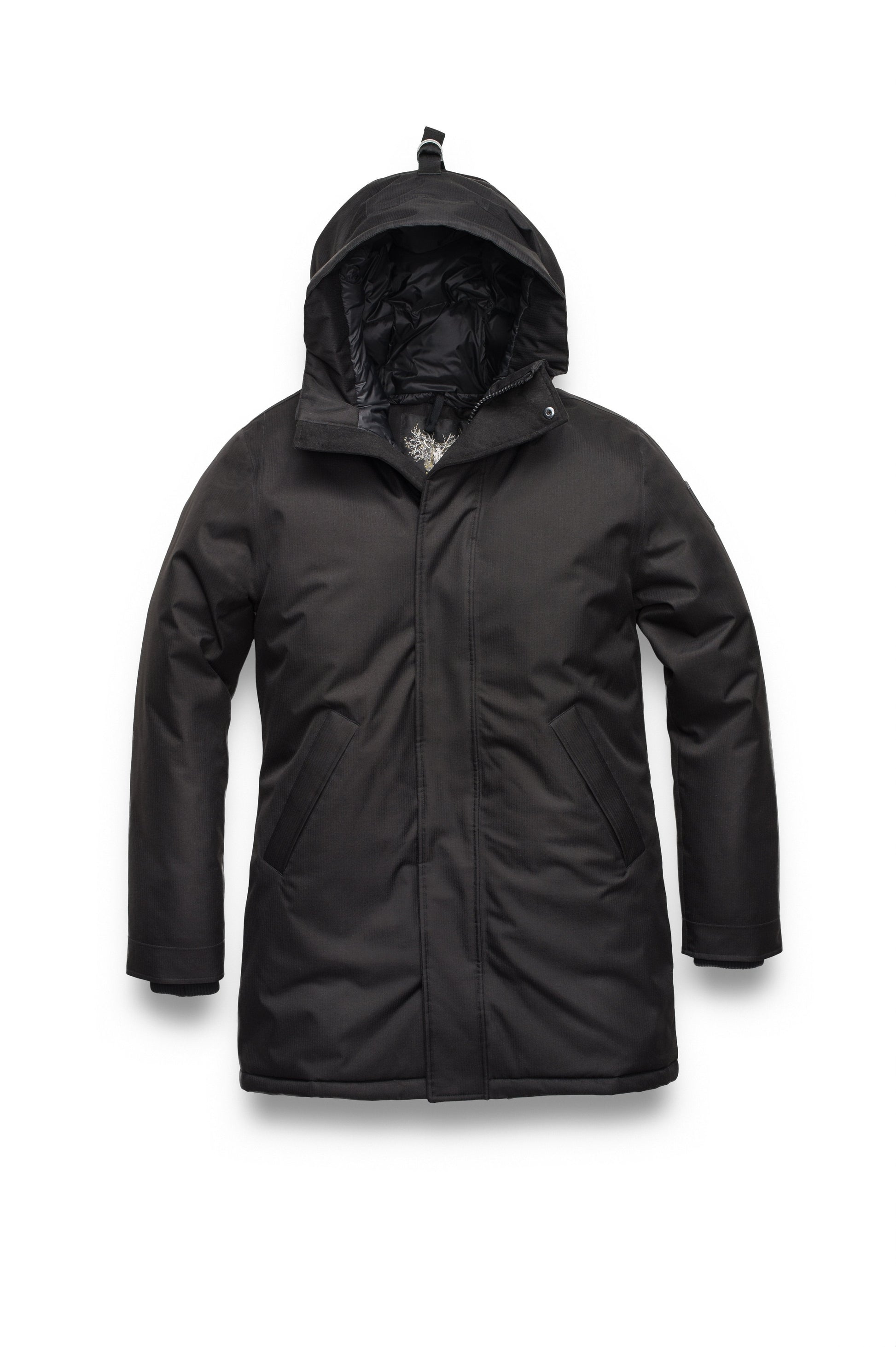 Pierre Men's Jacket in thigh length, Canadian white duck down insulation, non-removable down-filled hood, angled waist pockets, centre-front zipper with wind flap, and elastic ribbed cuffs, in CH Black