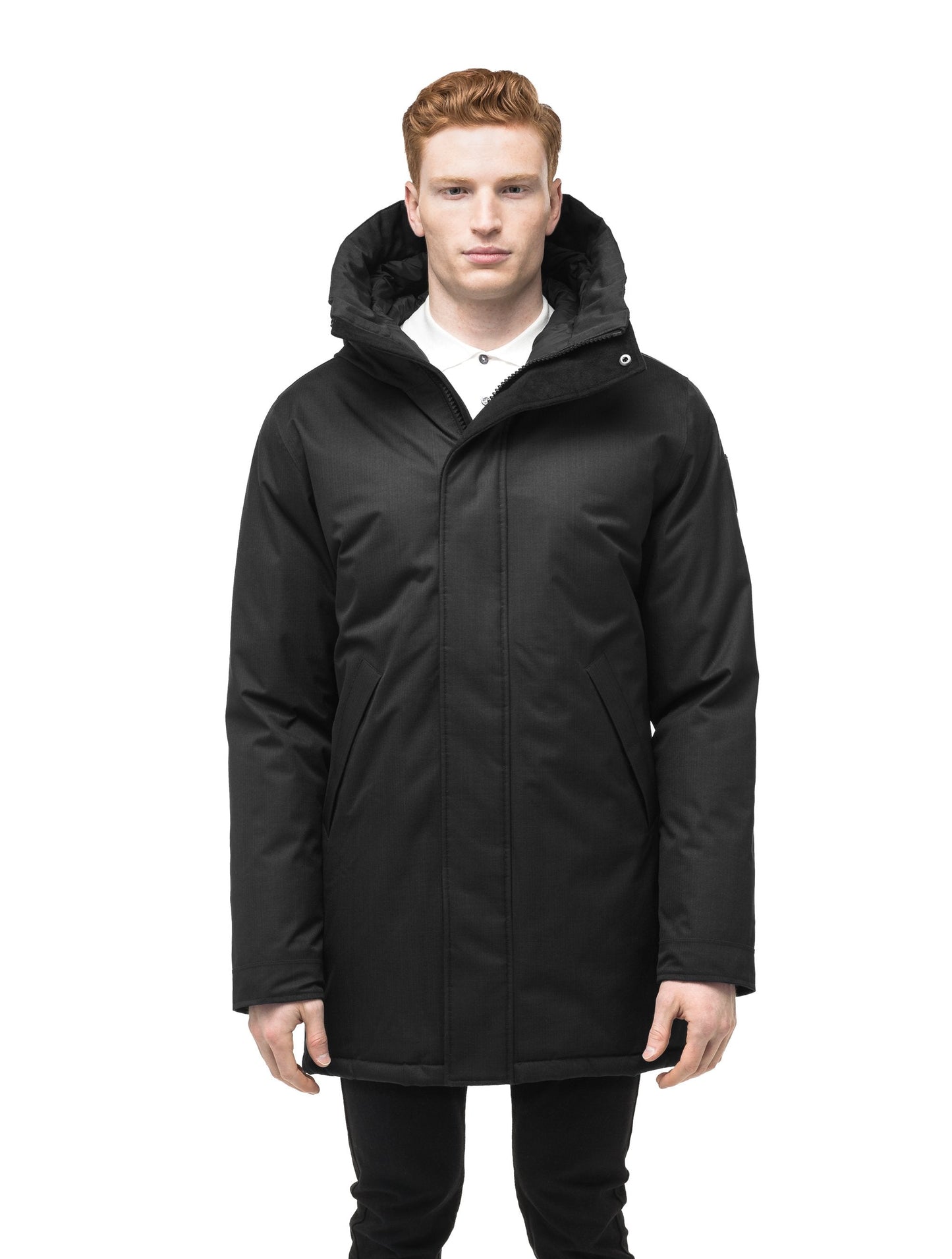 Pierre Men's Jacket in thigh length, Canadian white duck down insulation, non-removable down-filled hood, angled waist pockets, centre-front zipper with wind flap, and elastic ribbed cuffs, in CH Black