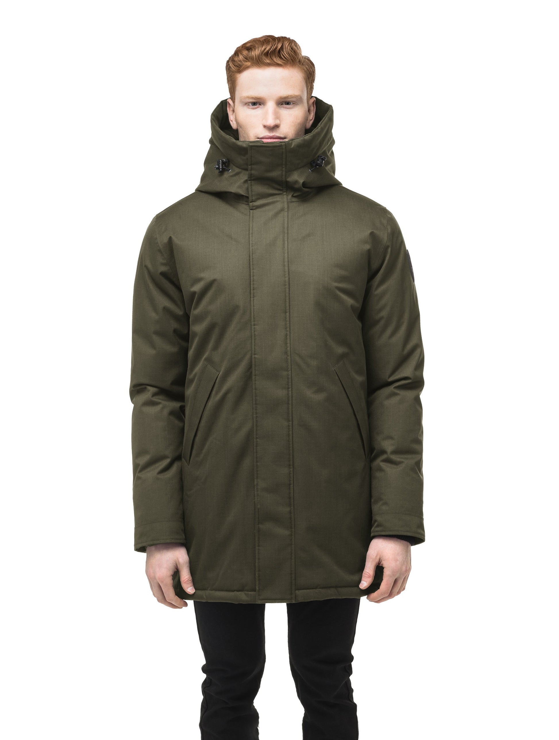 Pierre Men's Jacket in thigh length, Canadian white duck down insulation, non-removable down-filled hood, angled waist pockets, centre-front zipper with wind flap, and elastic ribbed cuffs, in Fatigue