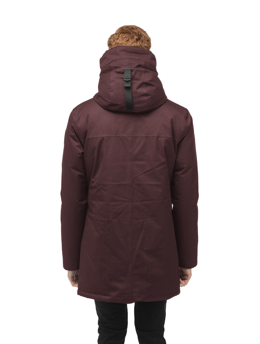 Pierre Men's Jacket in thigh length, Canadian white duck down insulation, non-removable down-filled hood, angled waist pockets, centre-front zipper with wind flap, and elastic ribbed cuffs, in CH Merlot