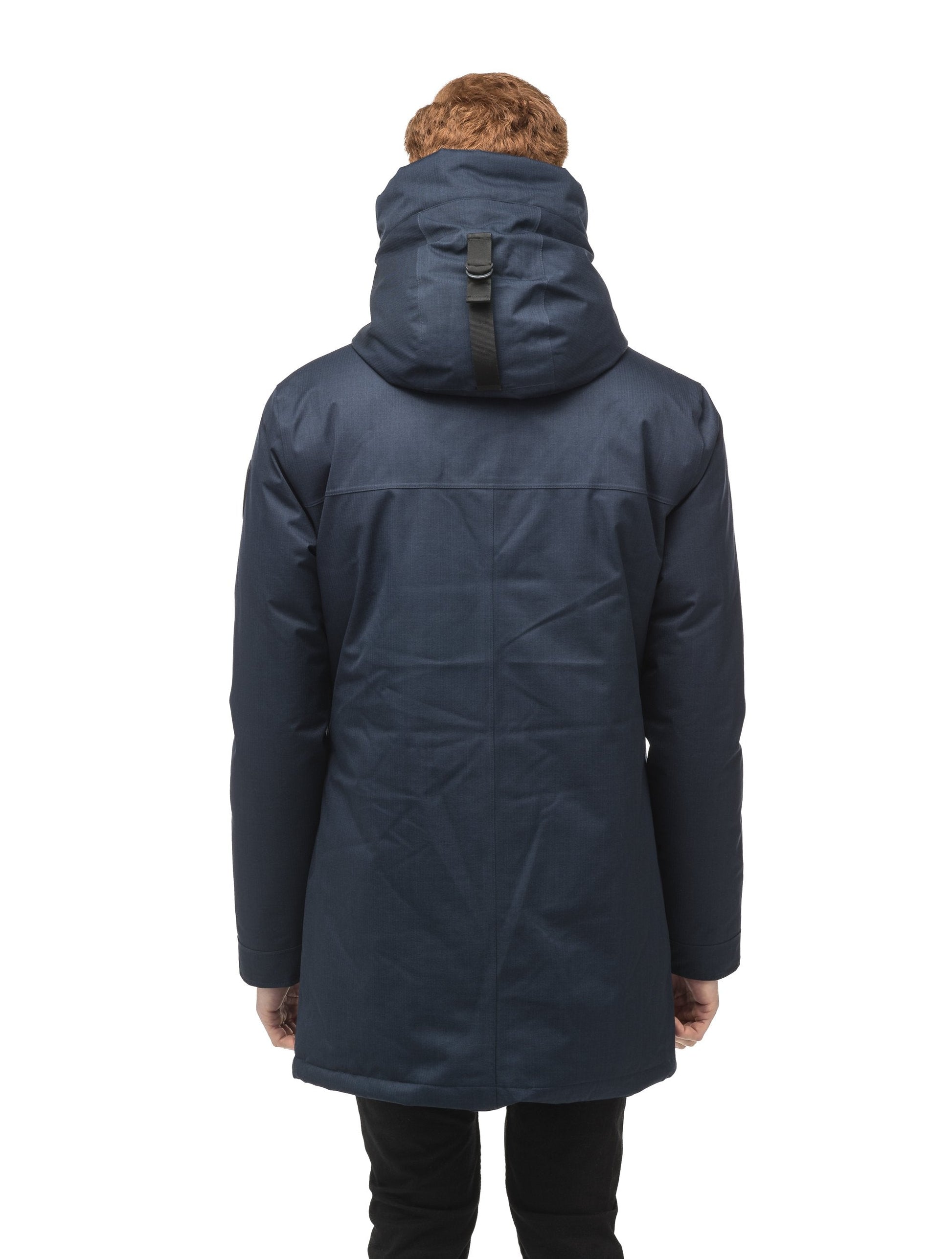 Pierre Men's Jacket in thigh length, Canadian white duck down insulation, non-removable down-filled hood, angled waist pockets, centre-front zipper with wind flap, and elastic ribbed cuffs, in CH Navy