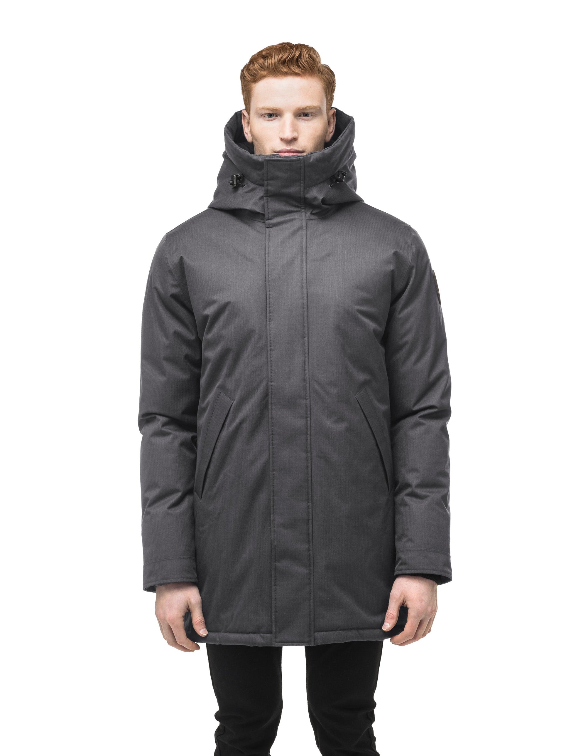 Pierre Men's Jacket in thigh length, Canadian white duck down insulation, non-removable down-filled hood, angled waist pockets, centre-front zipper with wind flap, and elastic ribbed cuffs, in CH Steel Grey