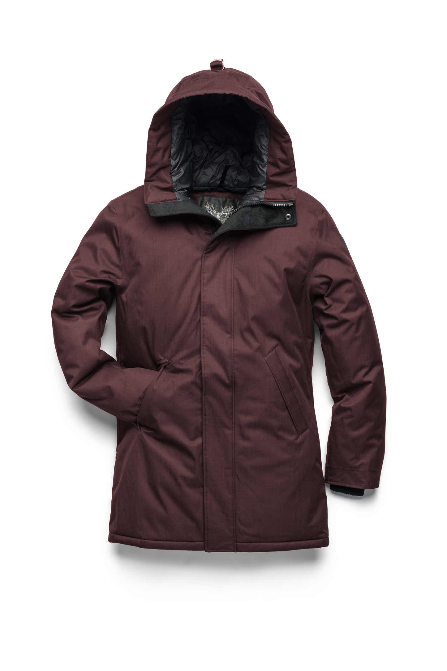 Pierre Men's Jacket in thigh length, Canadian white duck down insulation, non-removable down-filled hood, angled waist pockets, centre-front zipper with wind flap, and elastic ribbed cuffs, in CH Merlot