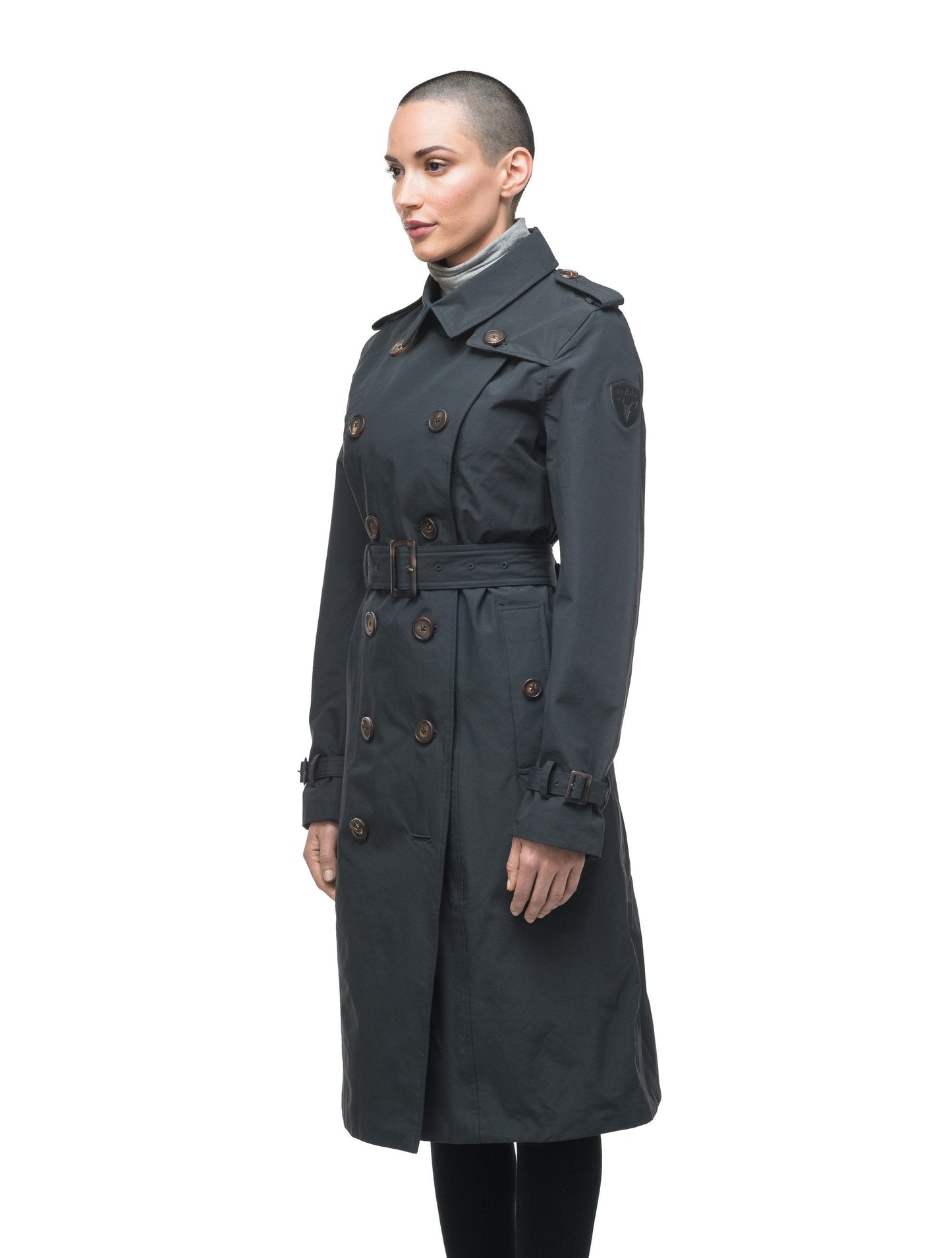 Women's knee length trench coat with removable belt in Navy