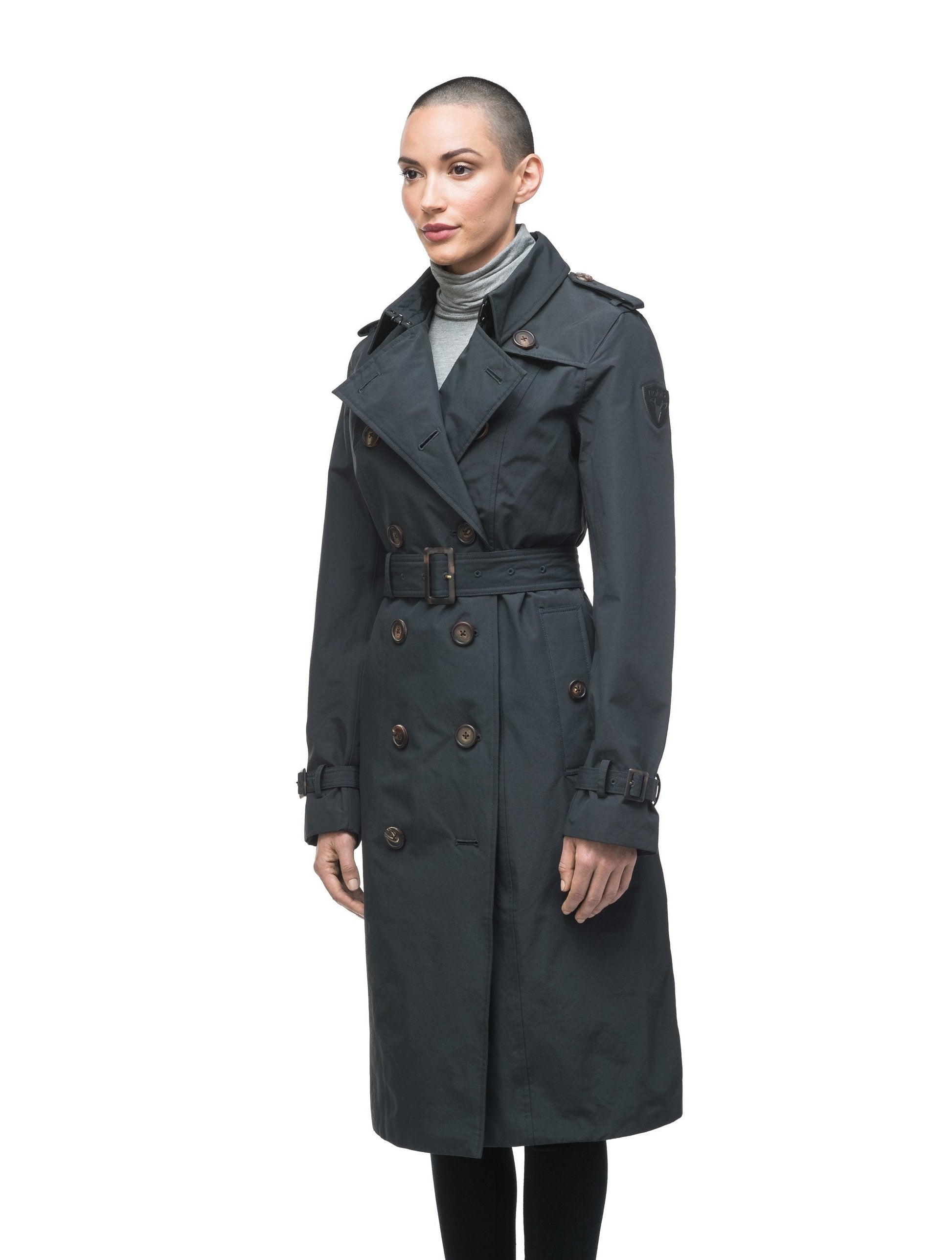 Women's knee length trench coat with removable belt in Navy