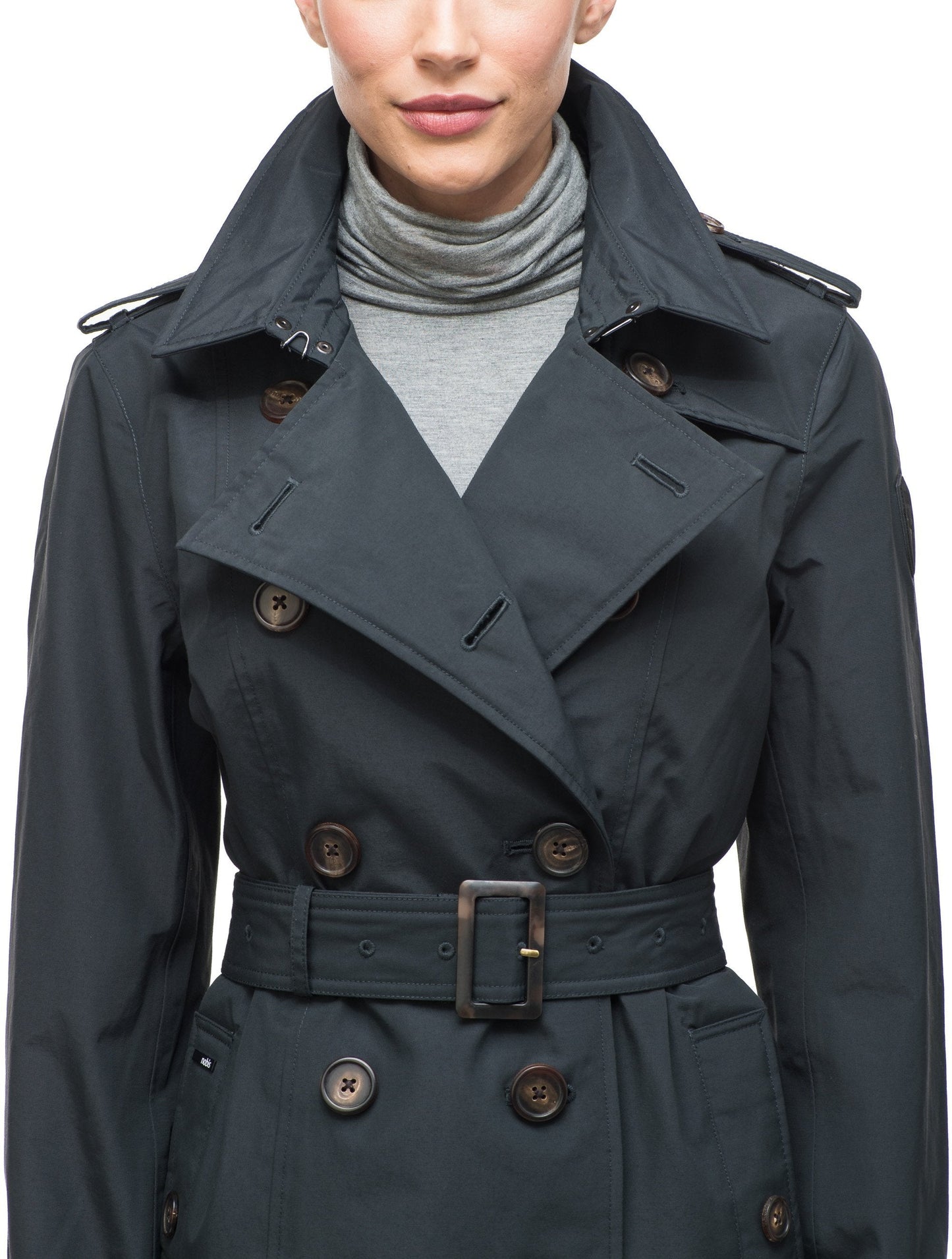 Women's knee length trench coat with removable belt in Navy