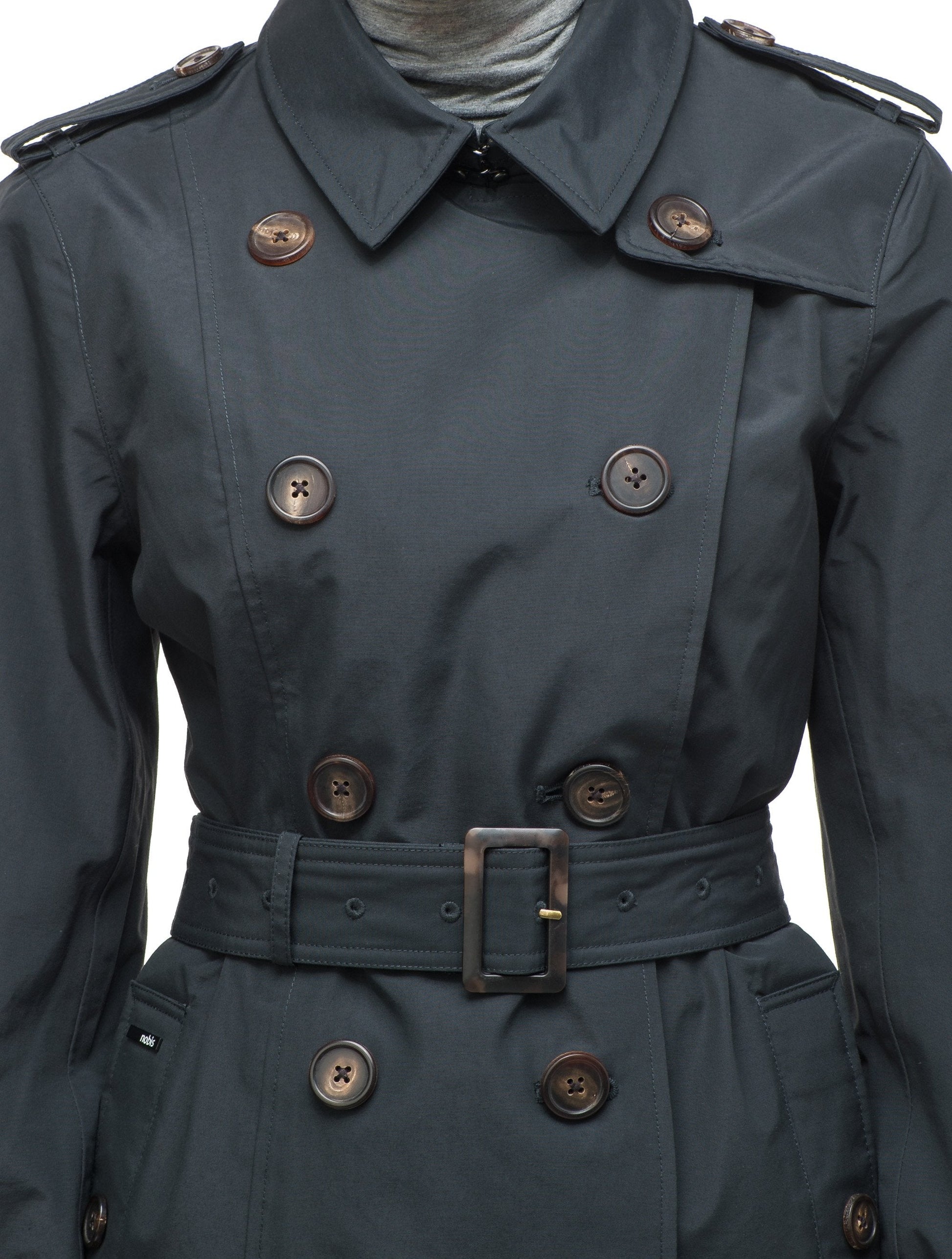 Women's knee length trench coat with removable belt in Navy