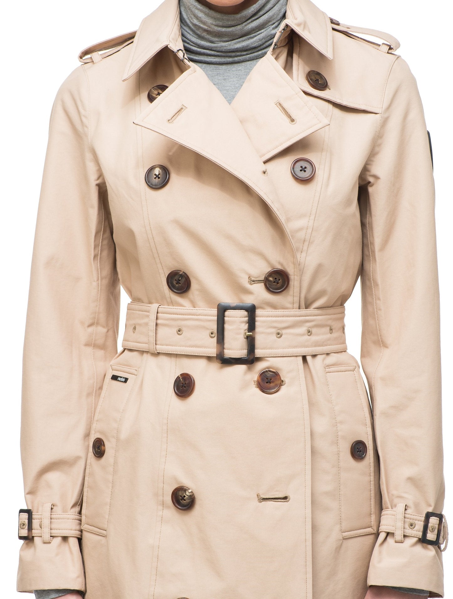 Women's knee length trench coat with removable belt in Fawn