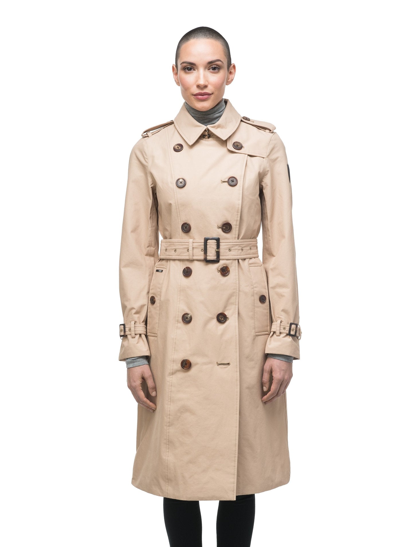 Women's knee length trench coat with removable belt in Fawn