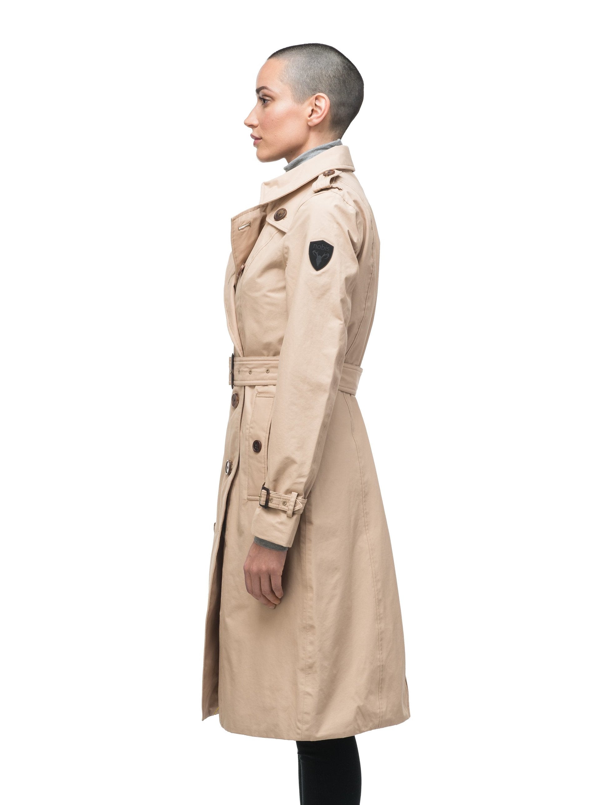 Women's knee length trench coat with removable belt in Fawn