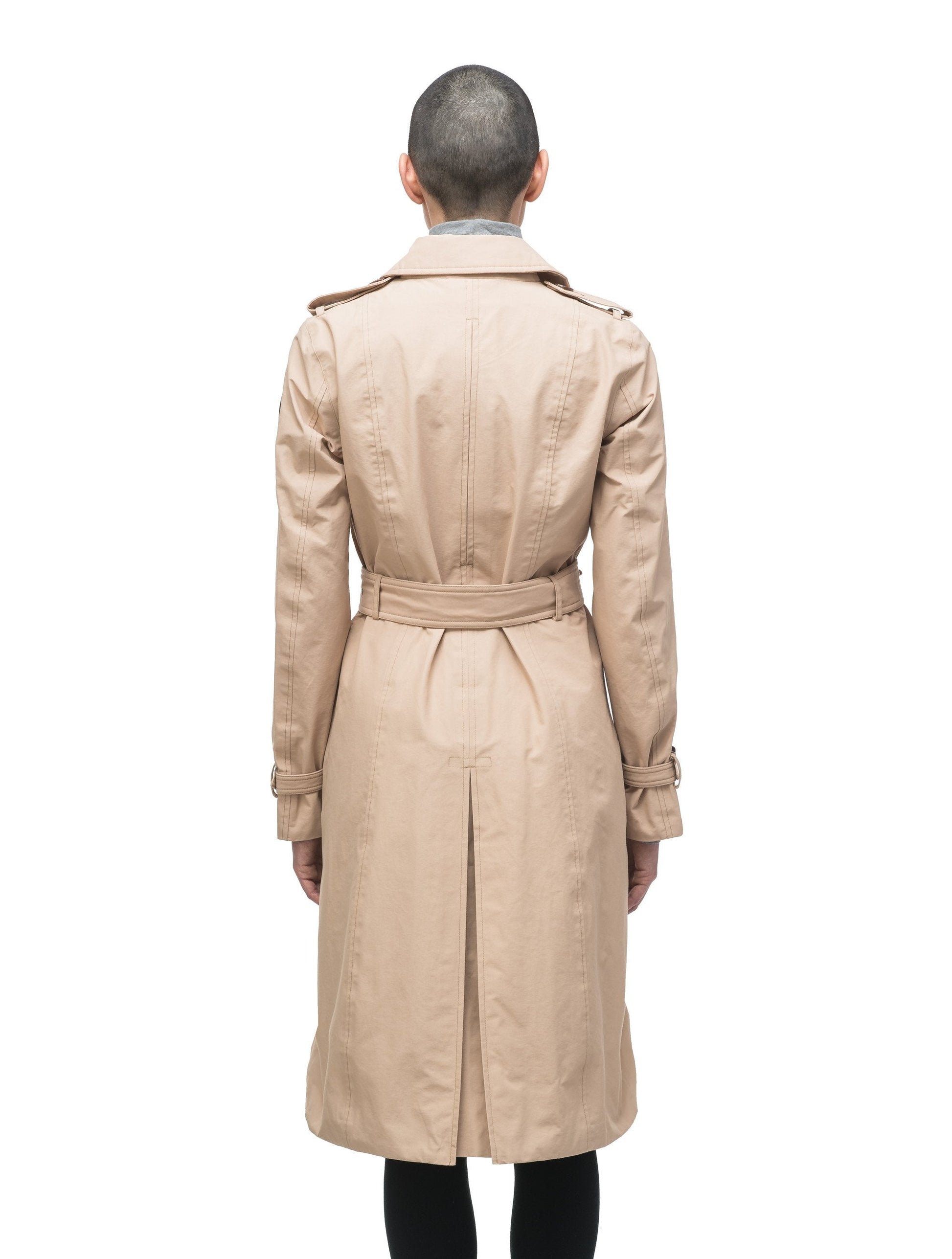 Women's knee length trench coat with removable belt in Fawn