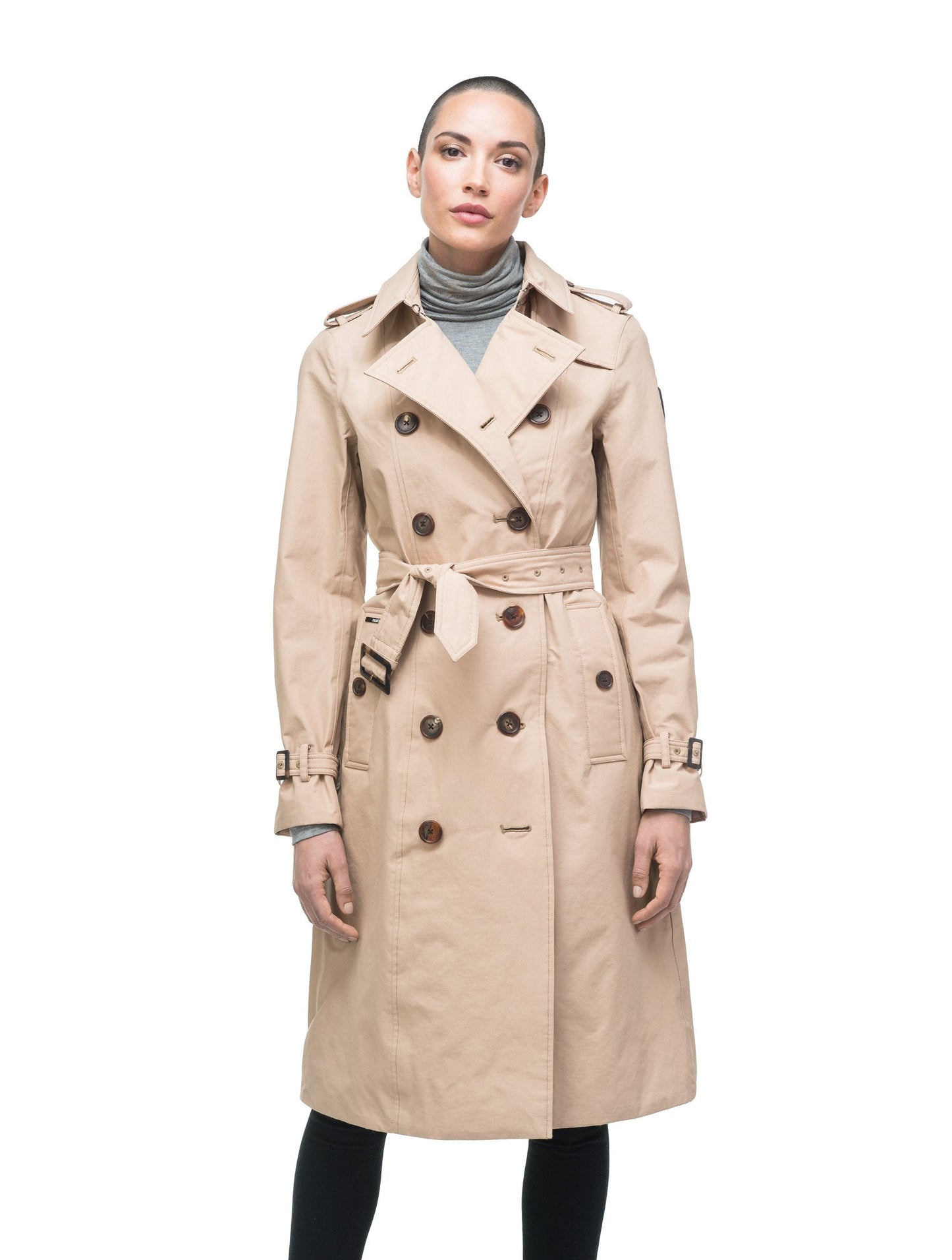 Women's knee length trench coat with removable belt in Fawn