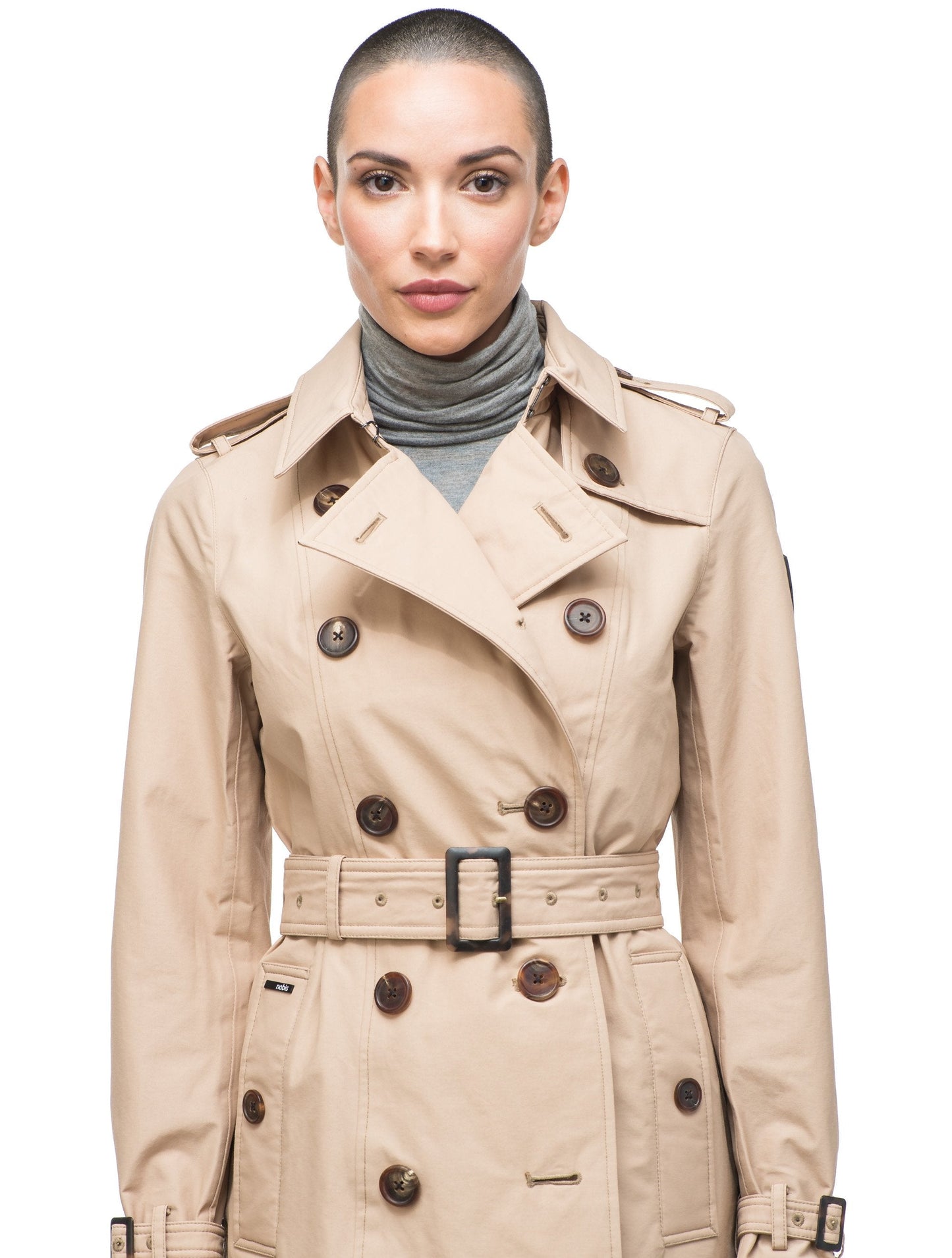 Women's knee length trench coat with removable belt in Fawn