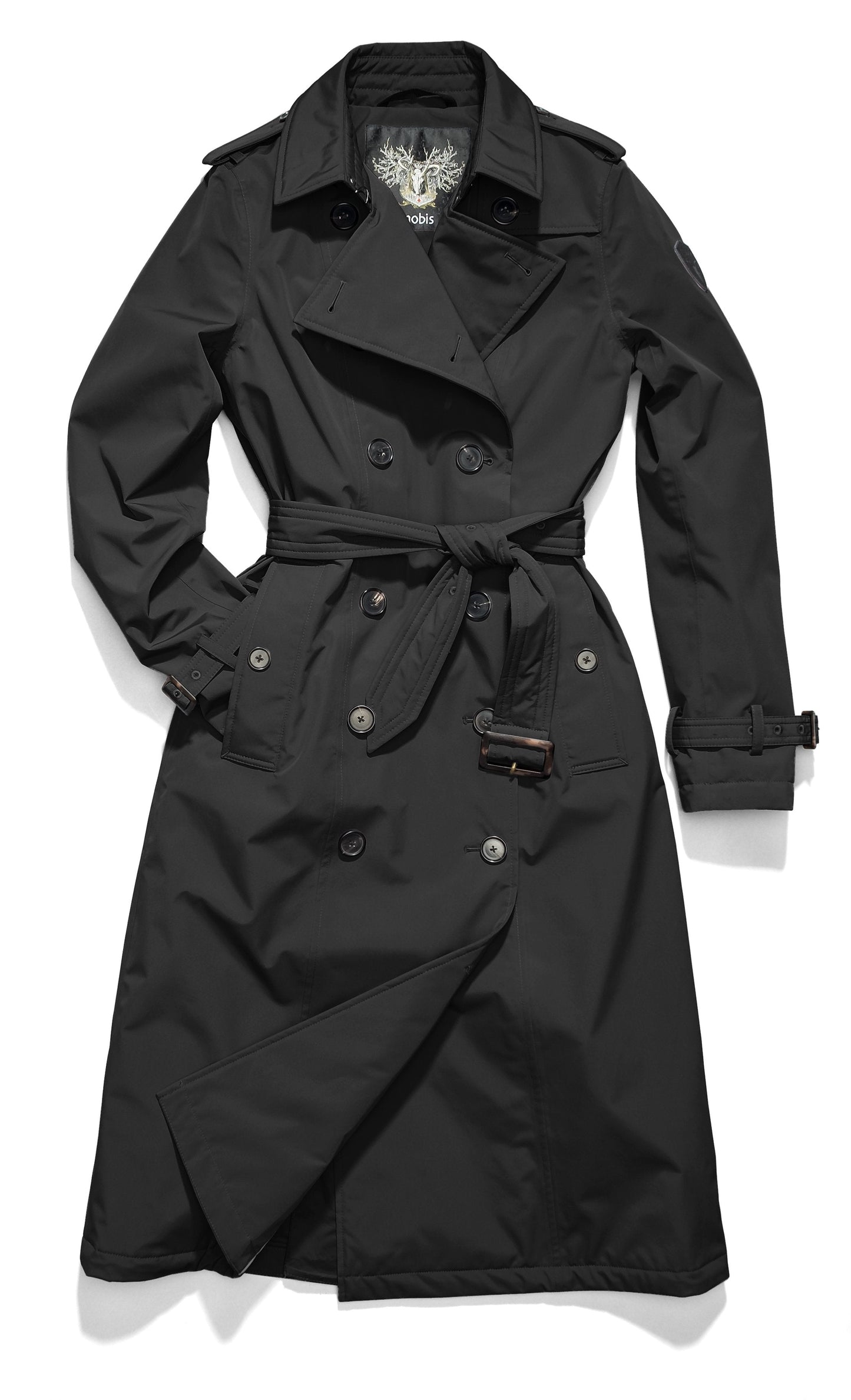 Women's knee length trench coat with removable belt in Black