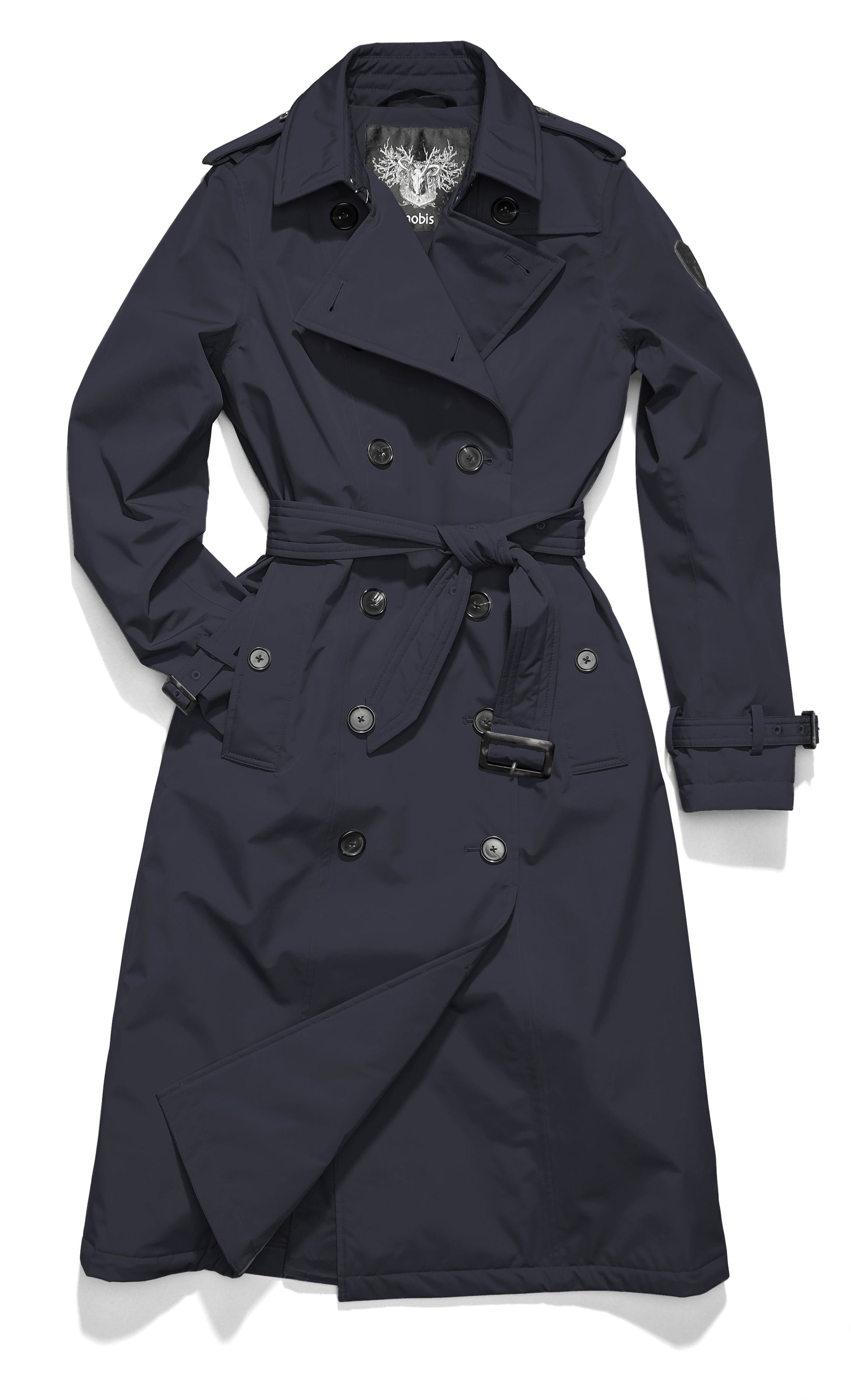 Women's knee length trench coat with removable belt in Navy