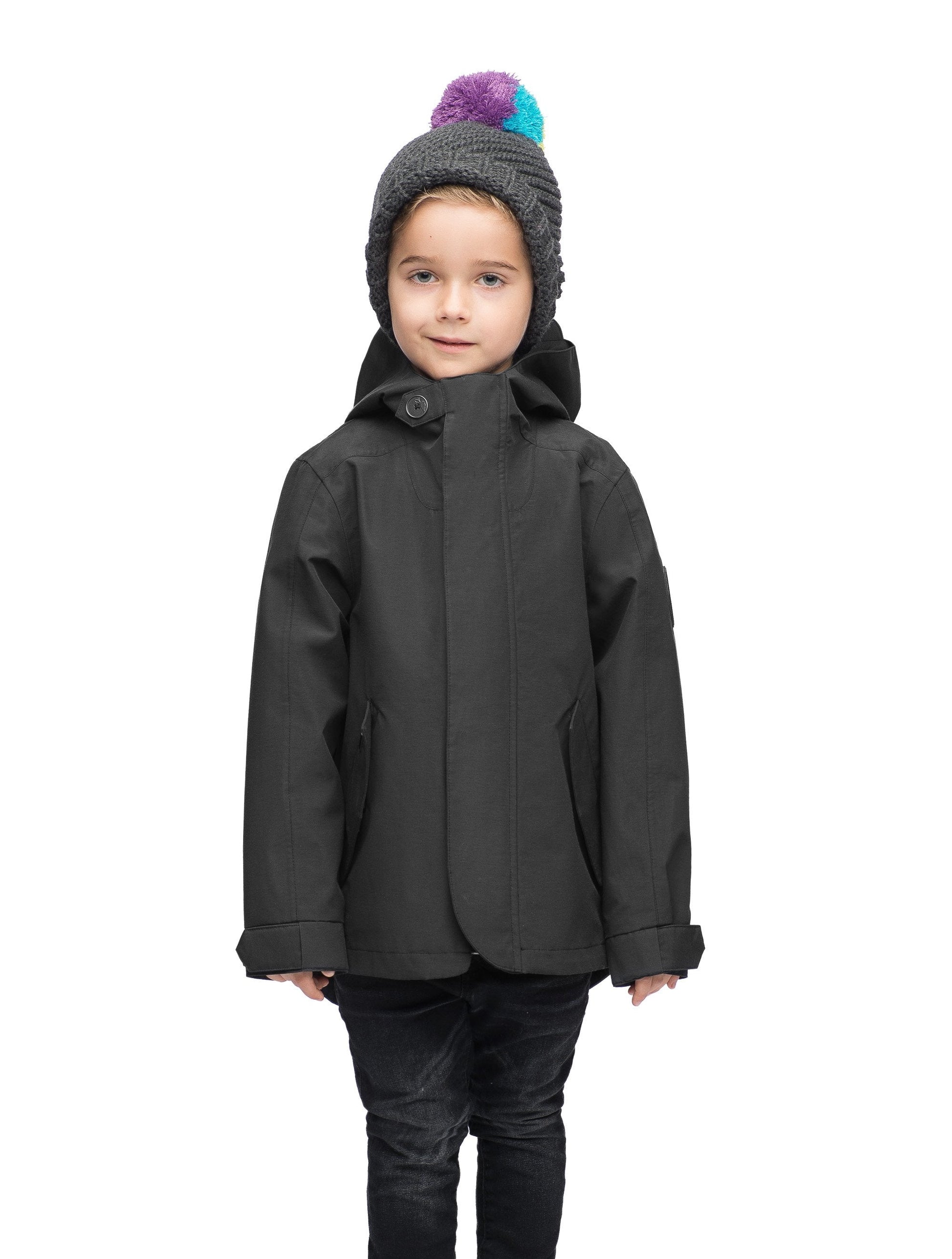 Kids' hip length raincoat with hood in Black