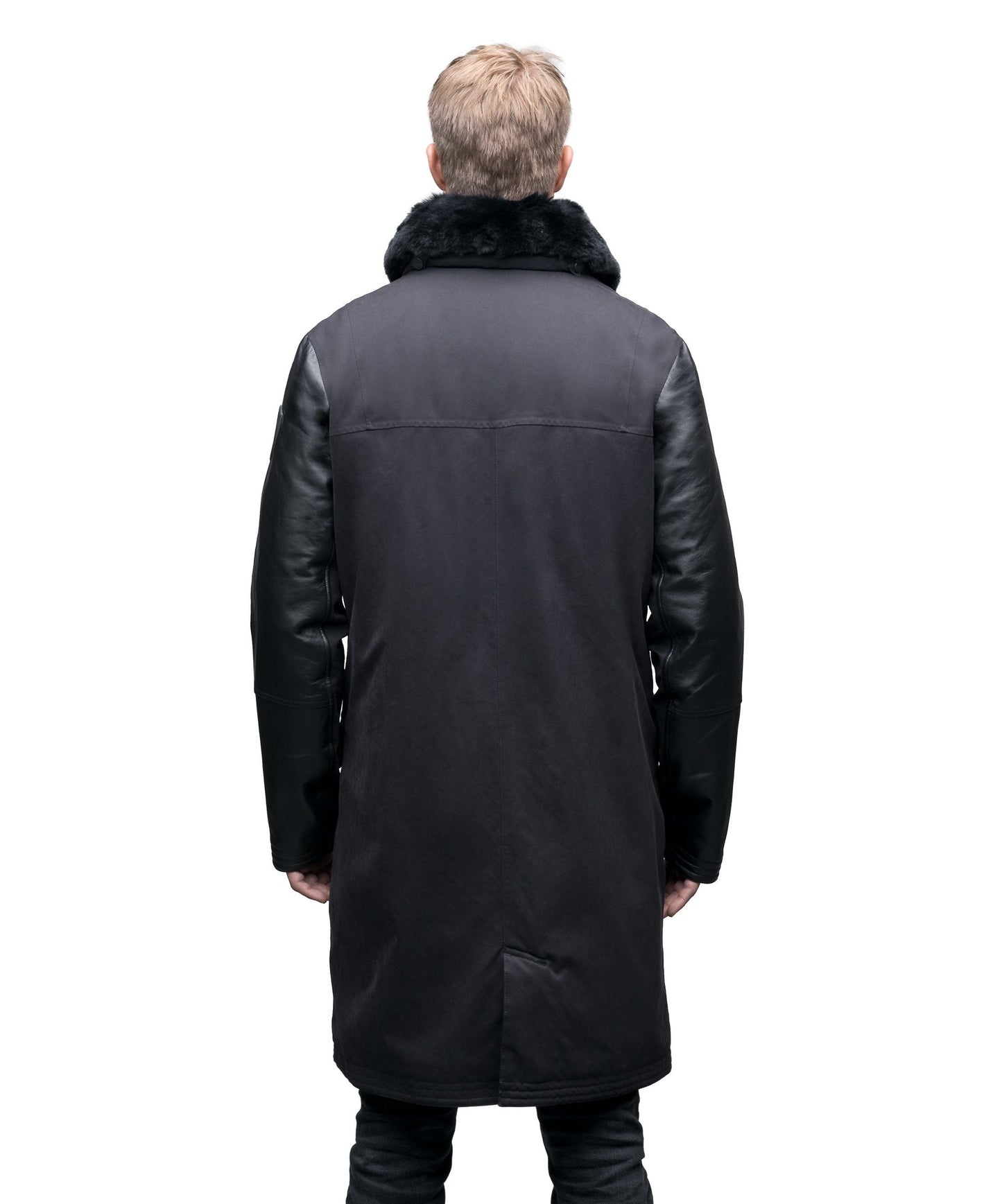 Men's down filled coat with machine washable leather sleeves, removable liner, and Rex Rabbit fur ruff in Black