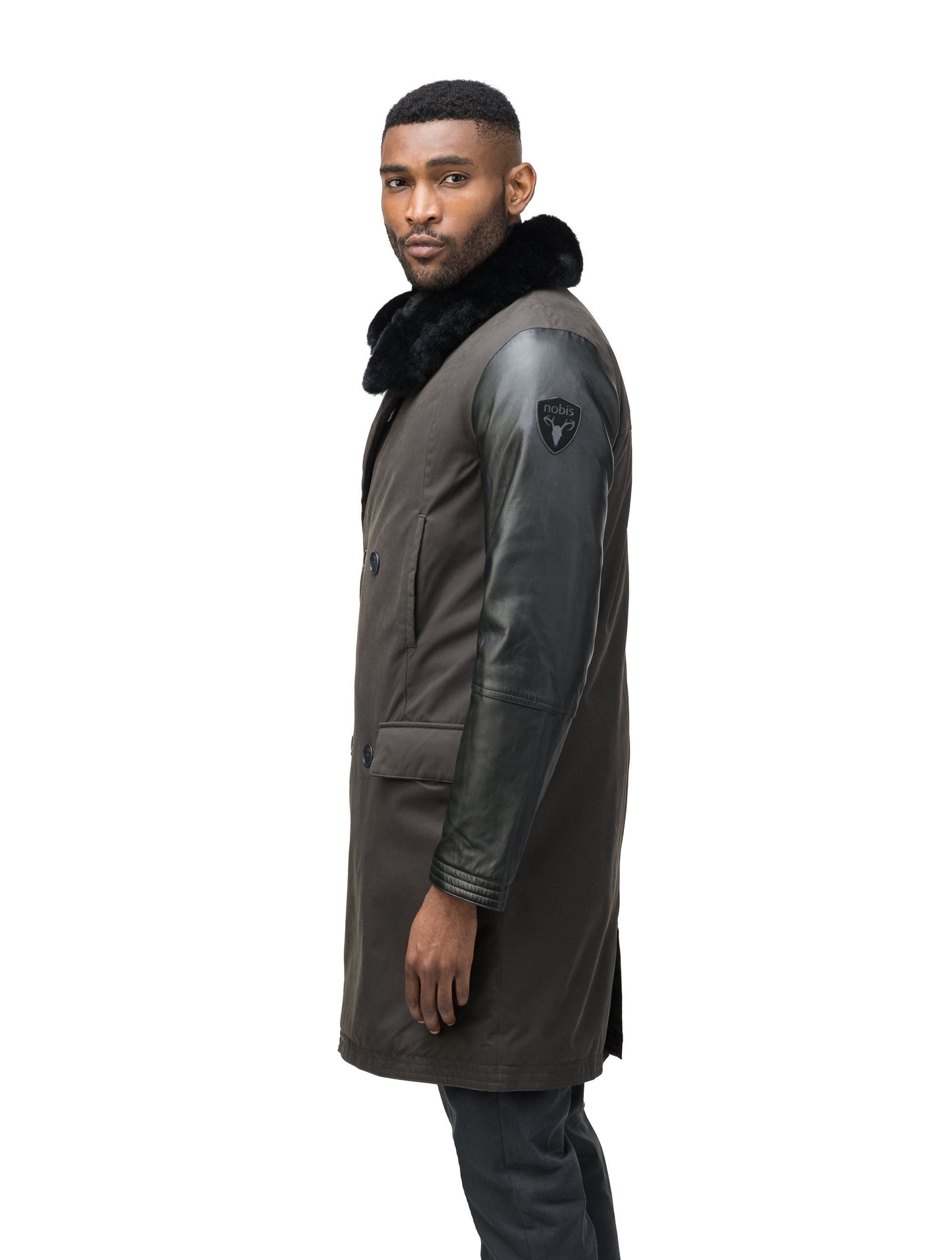 Men's down filled coat with machine washable leather sleeves, removable liner, and Rex Rabbit fur ruff in Brown