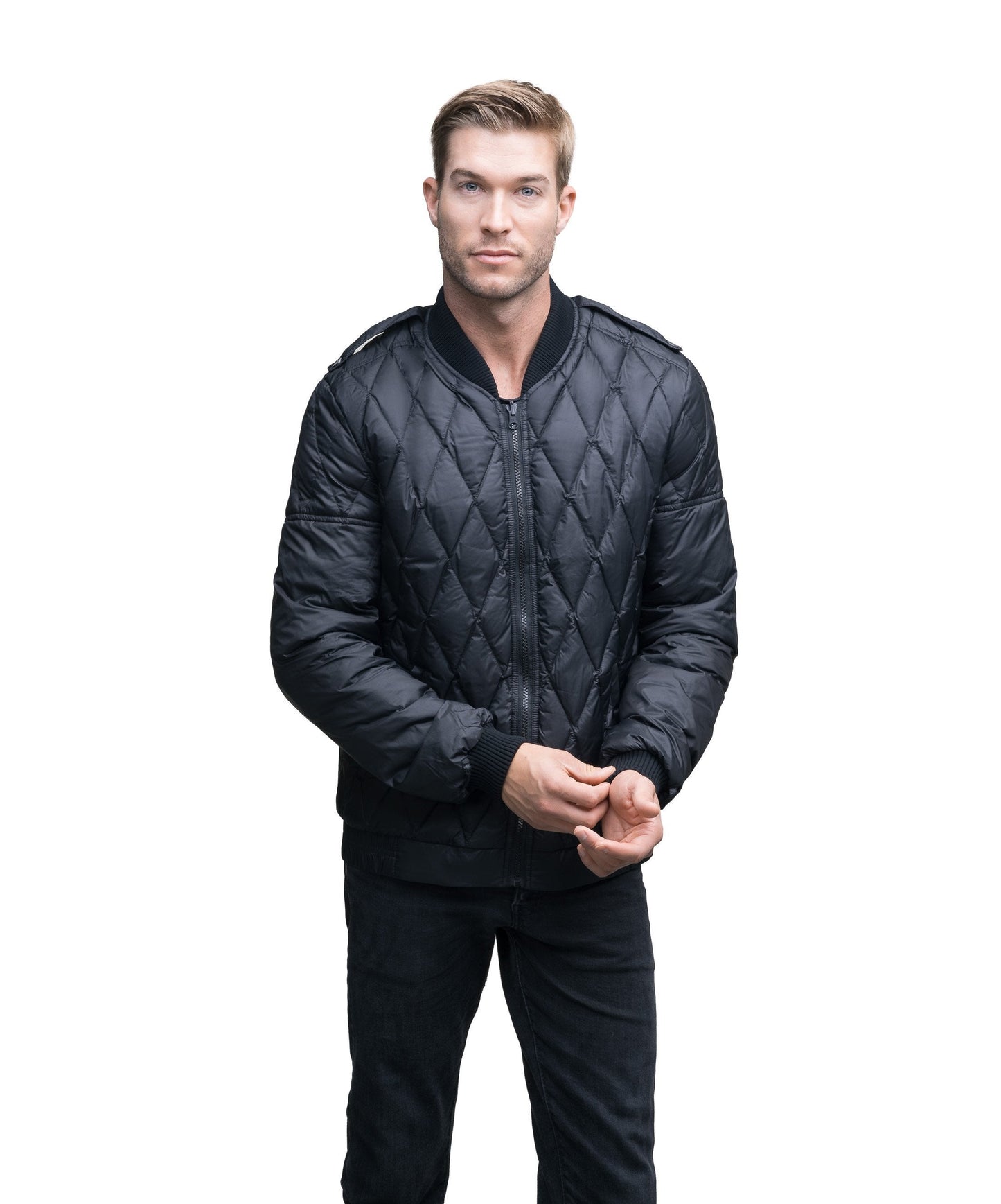 Men's down filled coat with machine washable leather sleeves, removable liner, and Rex Rabbit fur ruff in Black