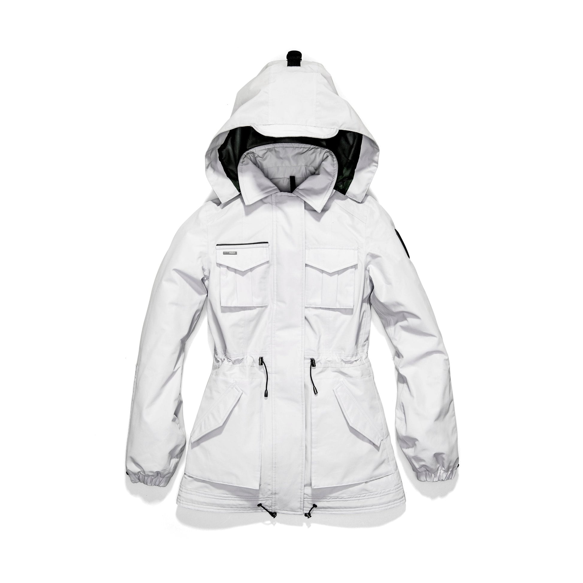 Women's hooded shirt jacket with four front pockets and adjustable waist in Light Grey