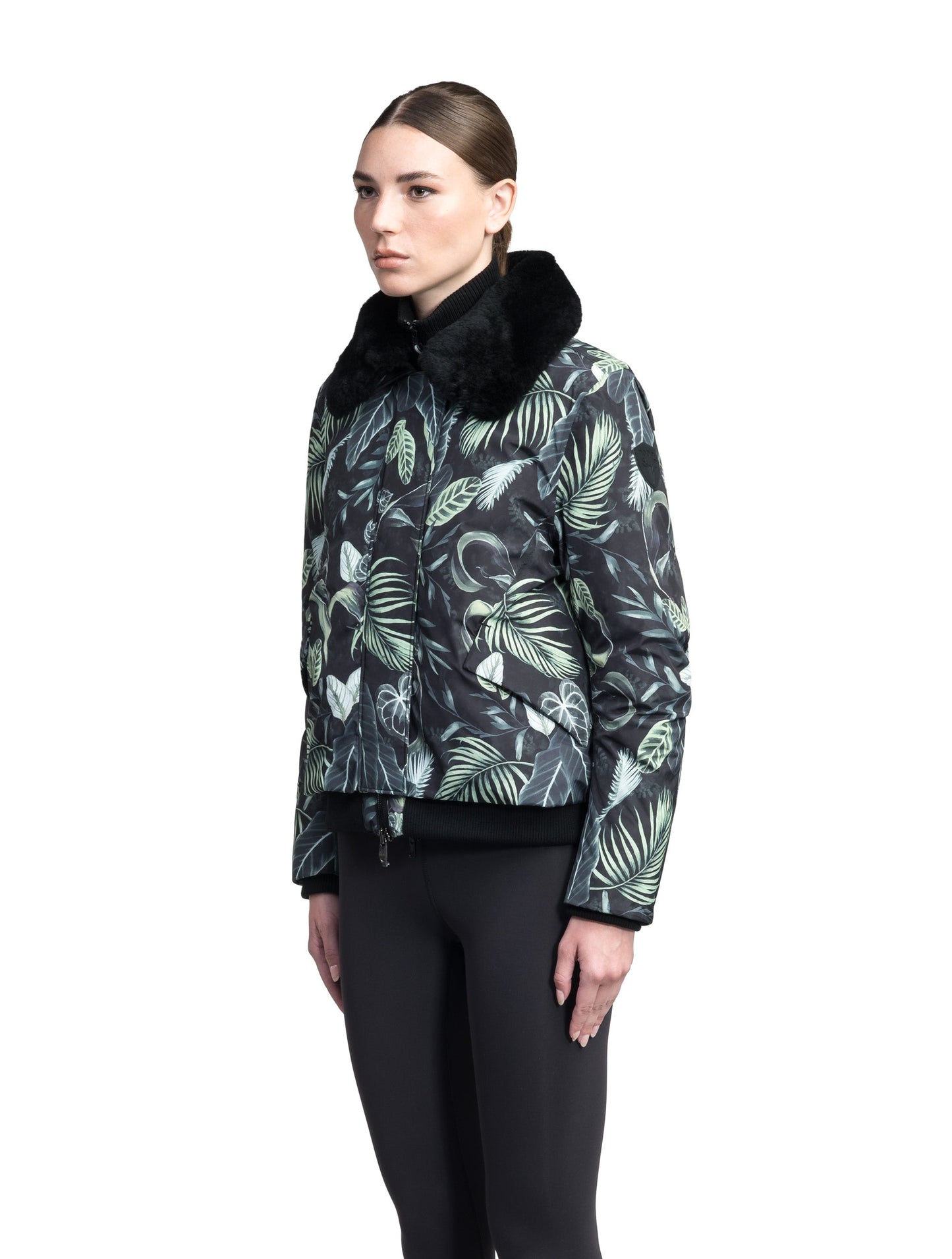 Rae Ladies Aviator Jacket in hip length, Canadian duck down insulation, removable shearling collar with hidden tuckable hood, and two-way front zipper, in Foliage