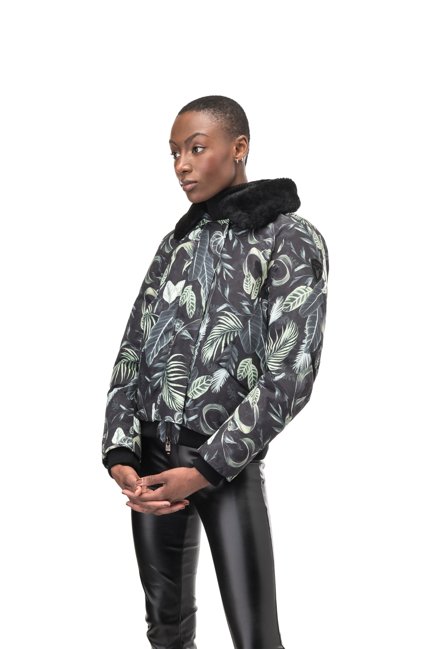 Rae Ladies Aviator Jacket in hip length, Canadian duck down insulation, removable shearling collar with hidden tuckable hood, and two-way front zipper, in Foliage