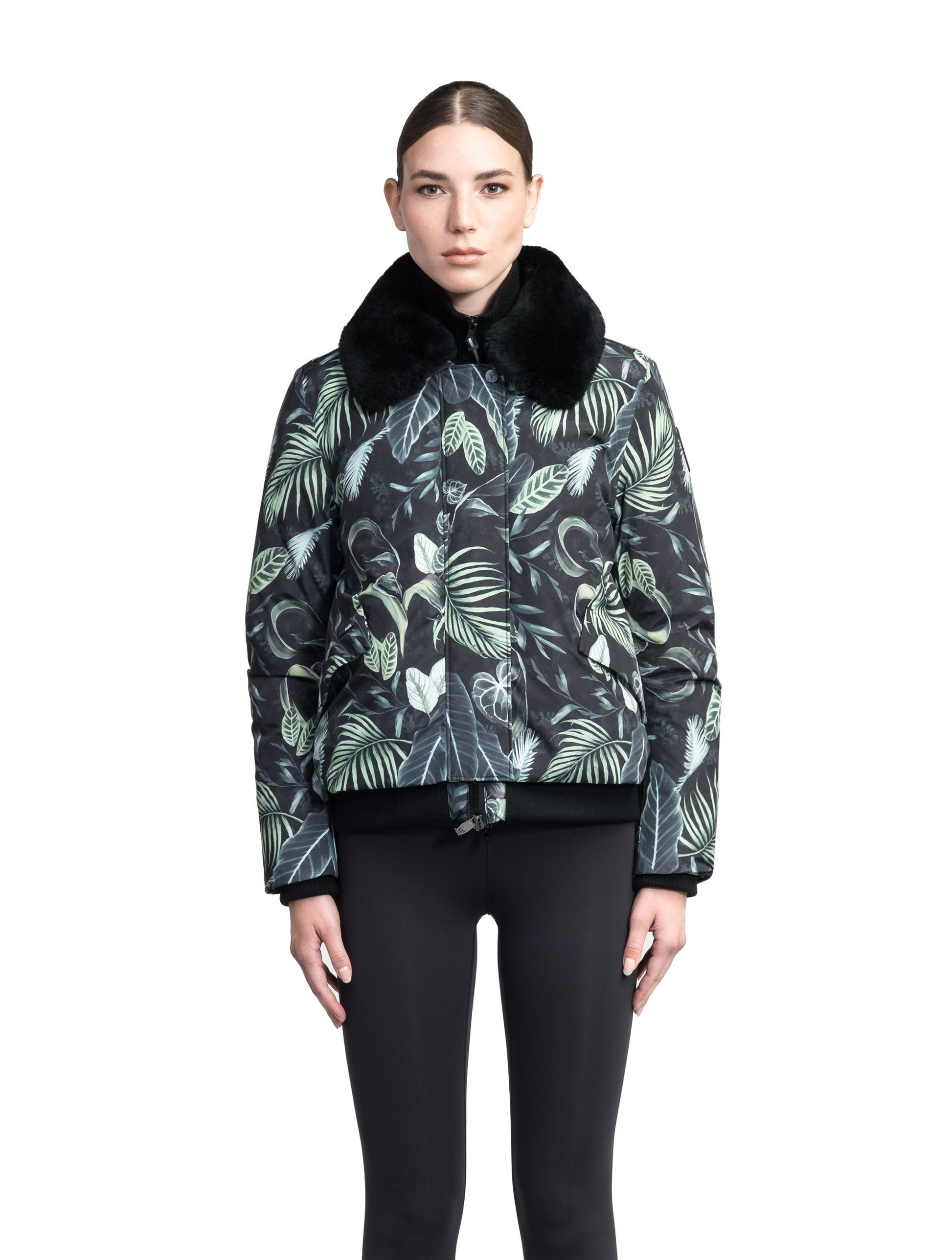 Rae Ladies Aviator Jacket in hip length, Canadian duck down insulation, removable shearling collar with hidden tuckable hood, and two-way front zipper, in Foliage