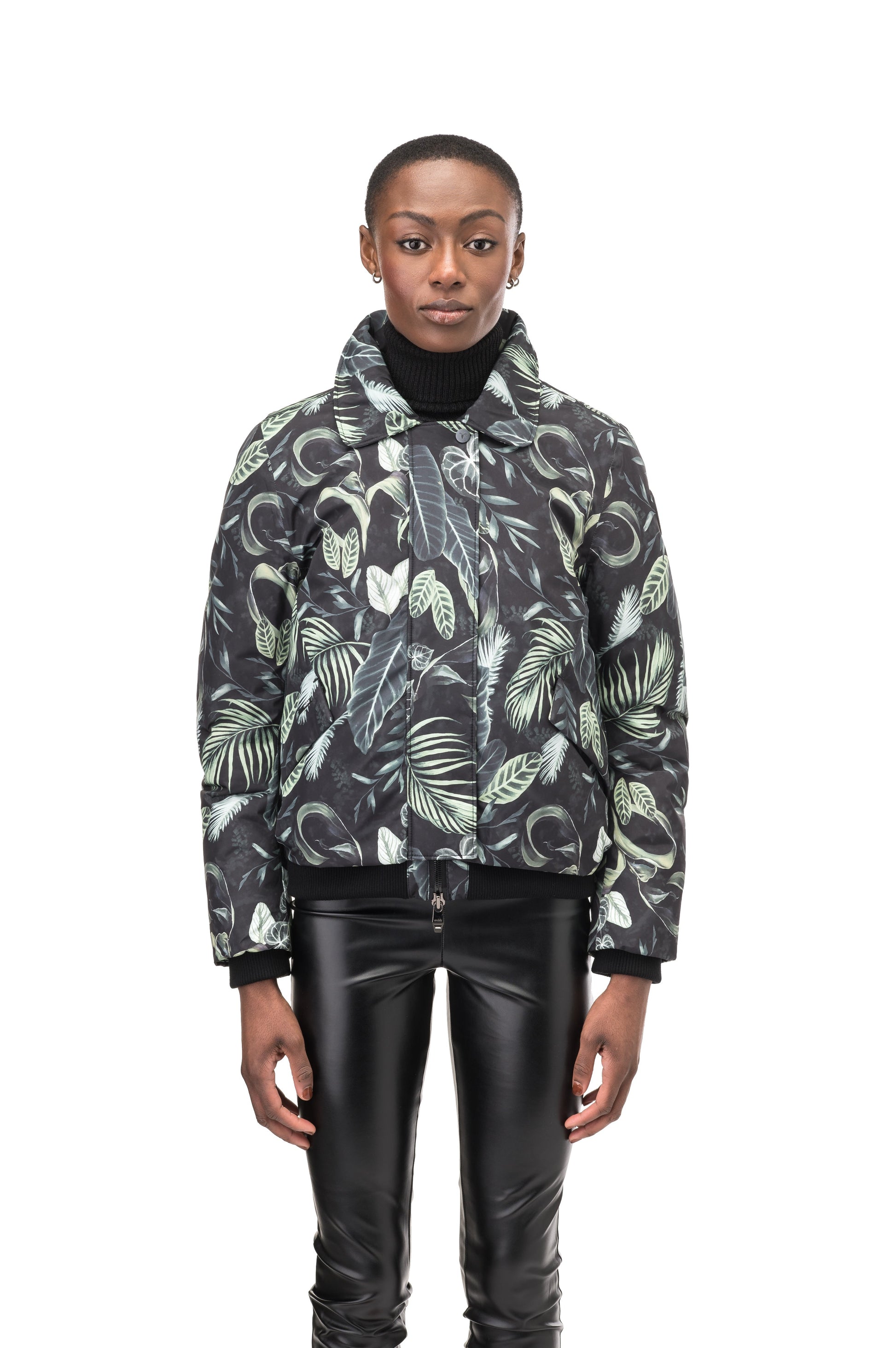 Rae Ladies Aviator Jacket in hip length, Canadian duck down insulation, removable shearling collar with hidden tuckable hood, and two-way front zipper, in Foliage