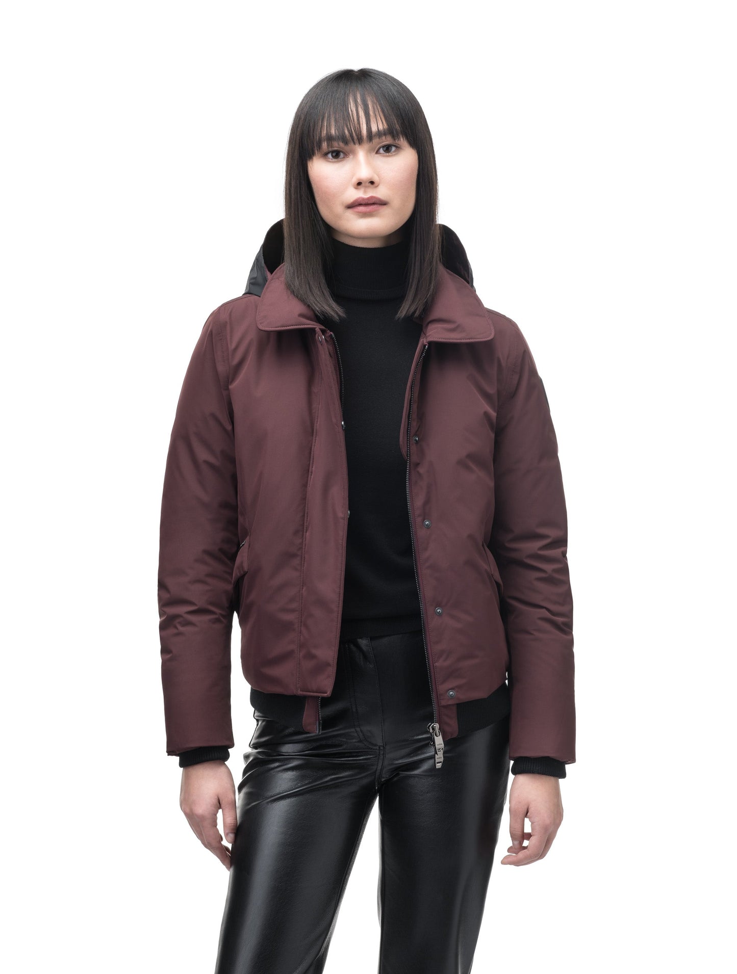 Rae Ladies Aviator Jacket in hip length, Canadian duck down insulation, removable shearling collar with hidden tuckable hood, and two-way front zipper, in Merlot