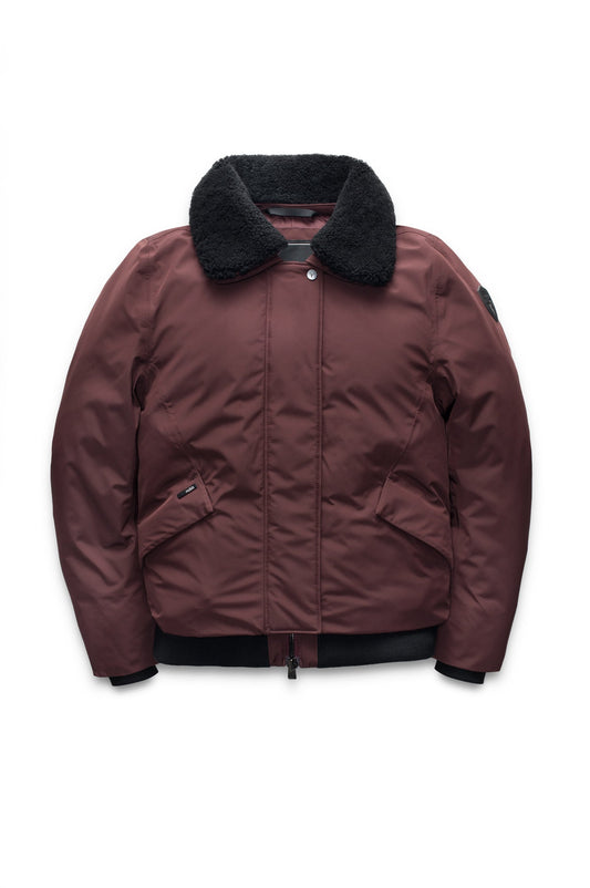 Rae Ladies Aviator Jacket in hip length, Canadian duck down insulation, removable shearling collar with hidden tuckable hood, and two-way front zipper, in Merlot + Merlot