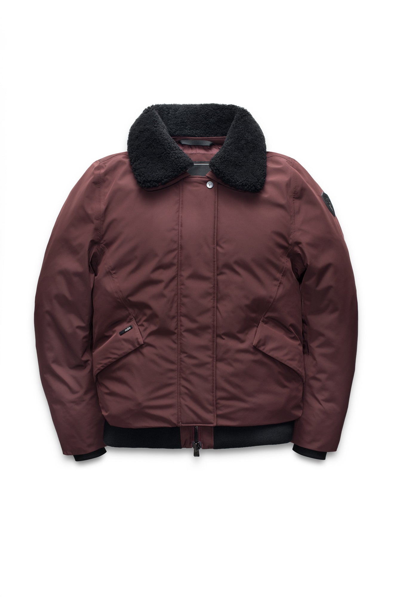 Rae Ladies Aviator Jacket in hip length, Canadian duck down insulation, removable shearling collar with hidden tuckable hood, and two-way front zipper, in Merlot