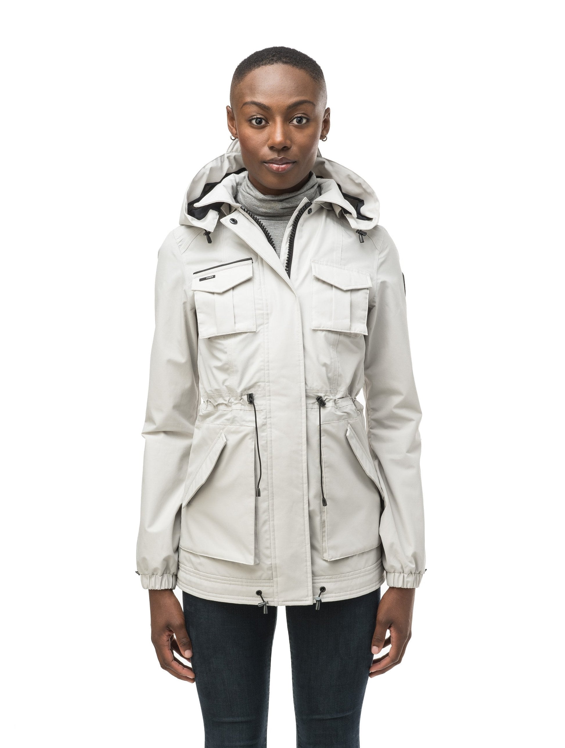 Women's hooded shirt jacket with four front pockets and adjustable waist in Light Grey