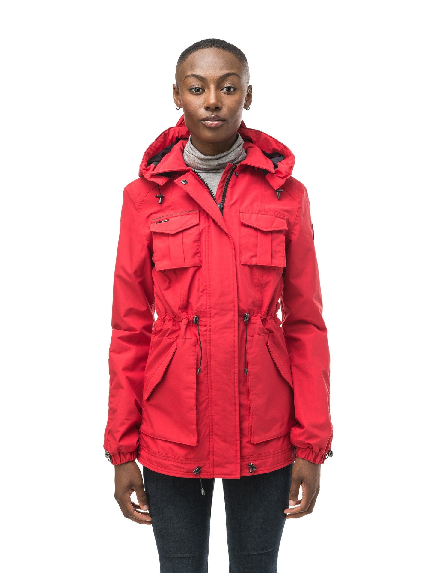 Women's hooded shirt jacket with four front pockets and adjustable waist in Red