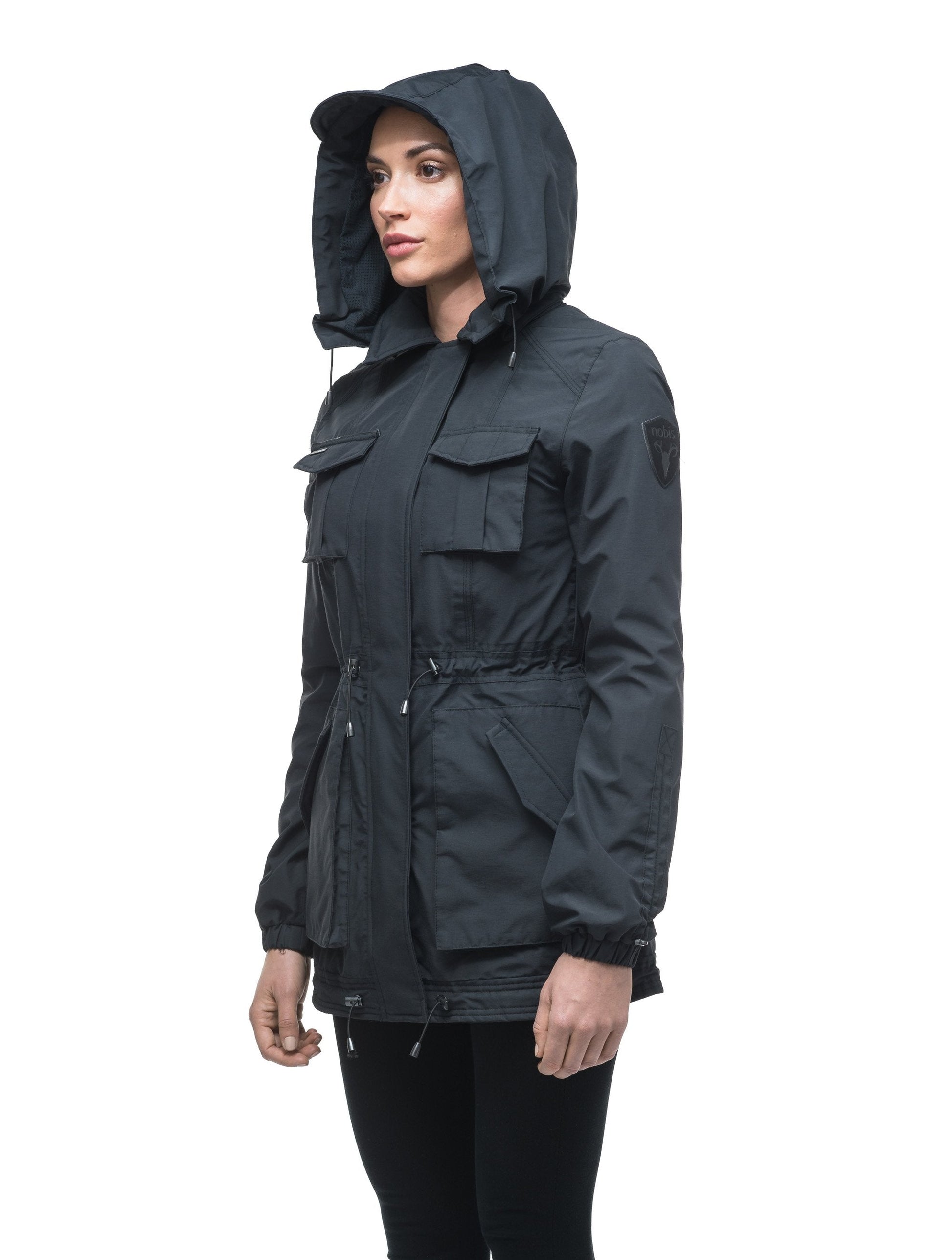 Women's hooded shirt jacket with four front pockets and adjustable waist in Black