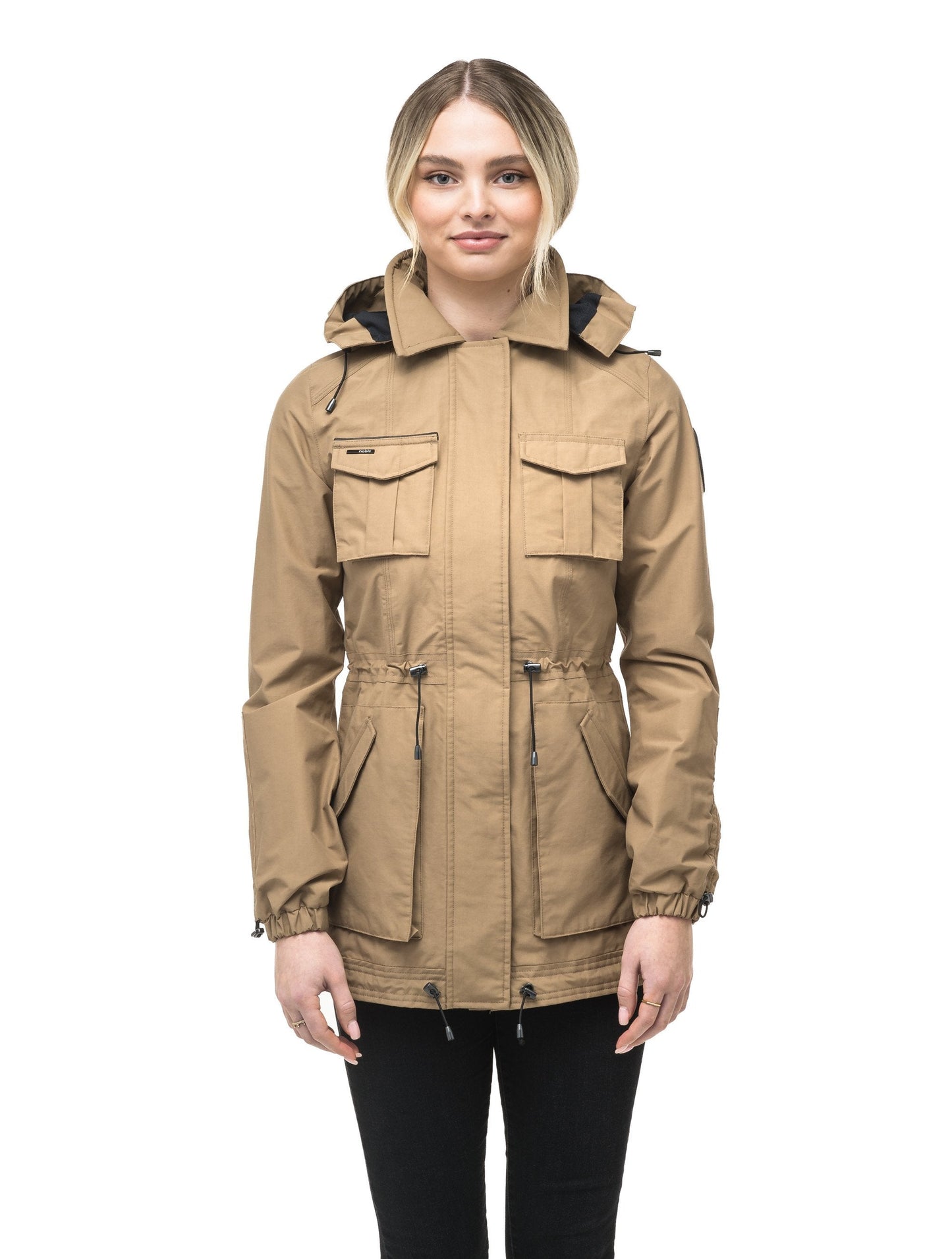 Women's hooded shirt jacket with four front pockets and adjustable waist in Cork